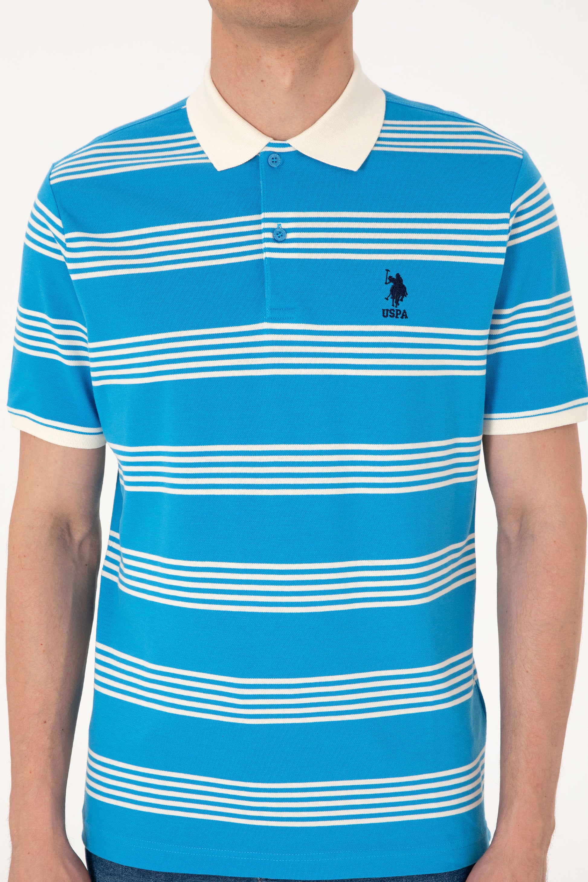 Men's Regular Fit Polo Neck Turquoise Striped T-Shirt