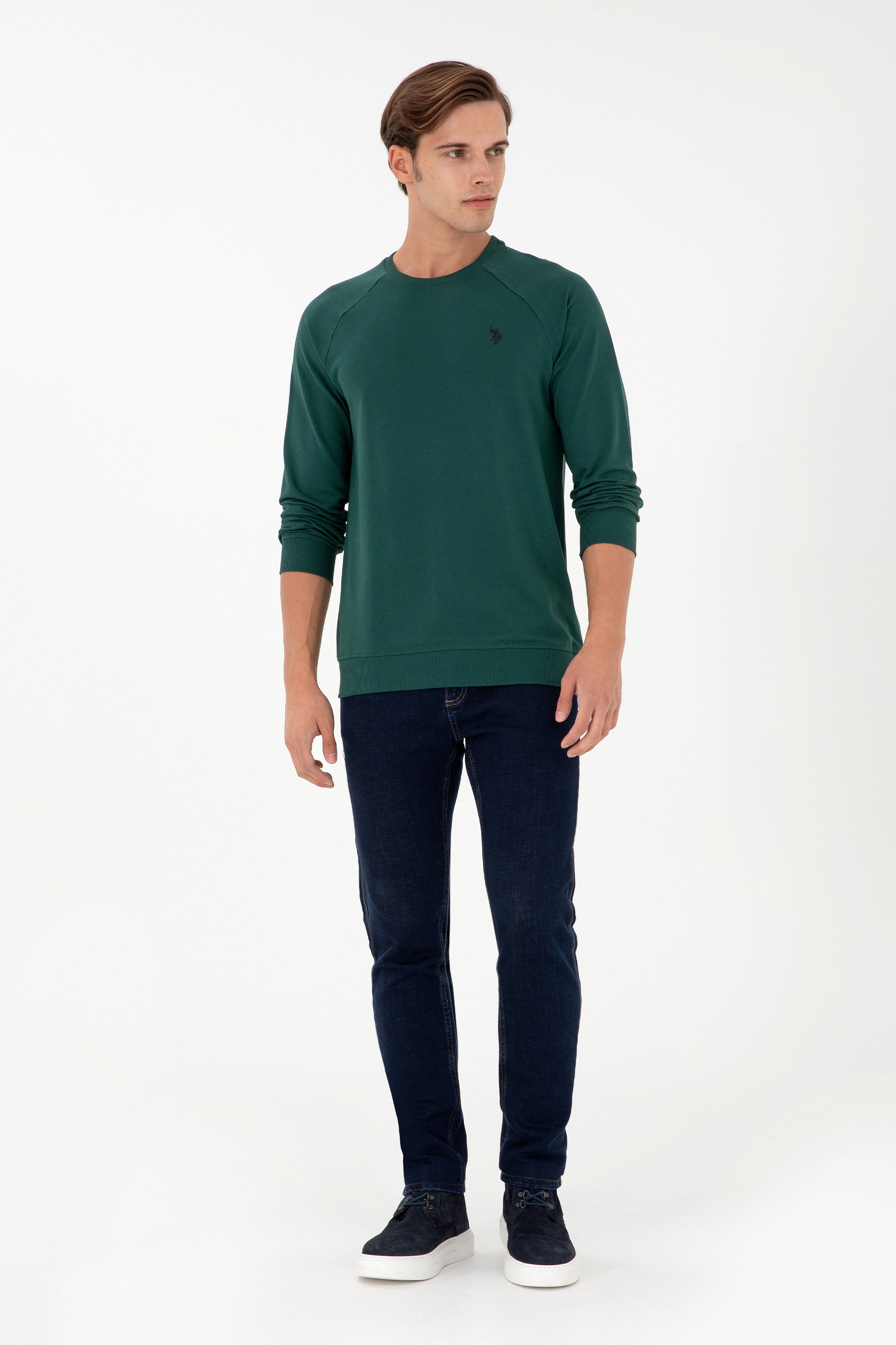 Men's Regular Fit Crew Neck Dark Green Basic Sweatshirt