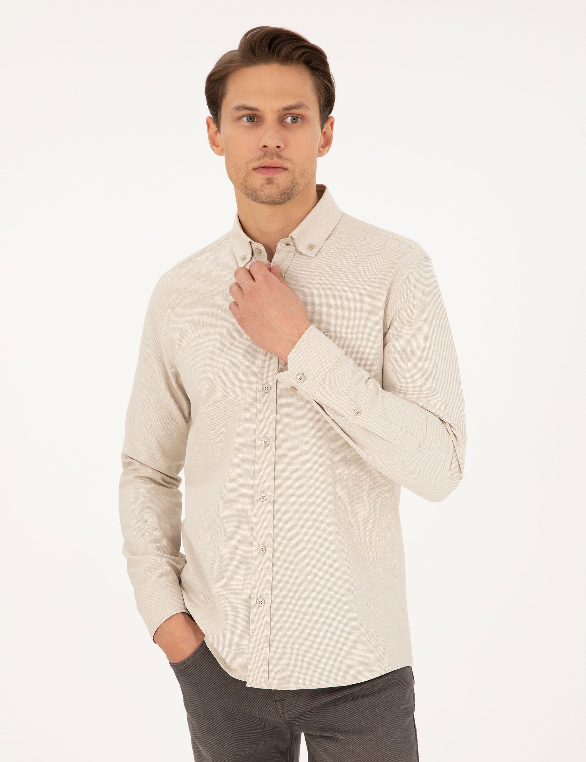 Beige Slim Fit Long Sleeve Shirt