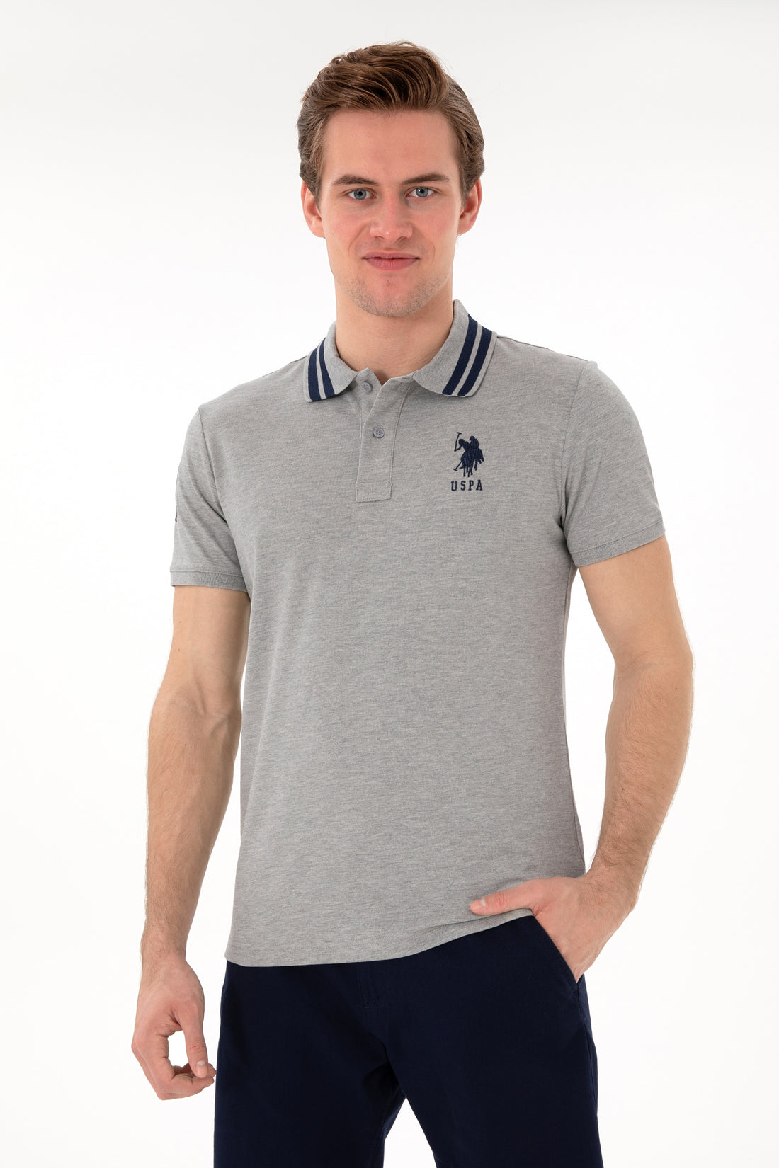Men's Slim Fit Polo Neck Grey Melange Basic T-Shirt