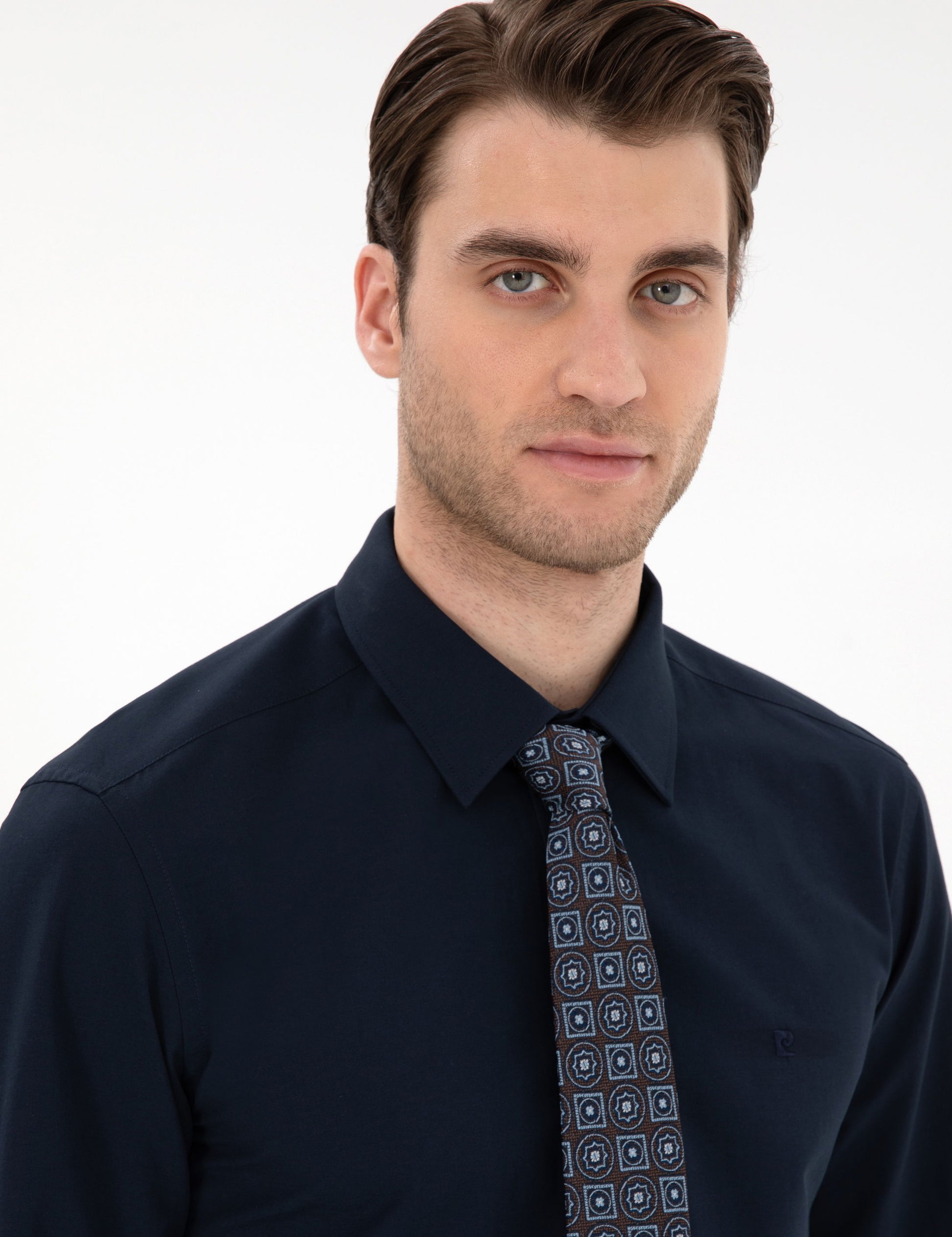 Navy Blue Slim Fit Long Sleeve Basic Shirt