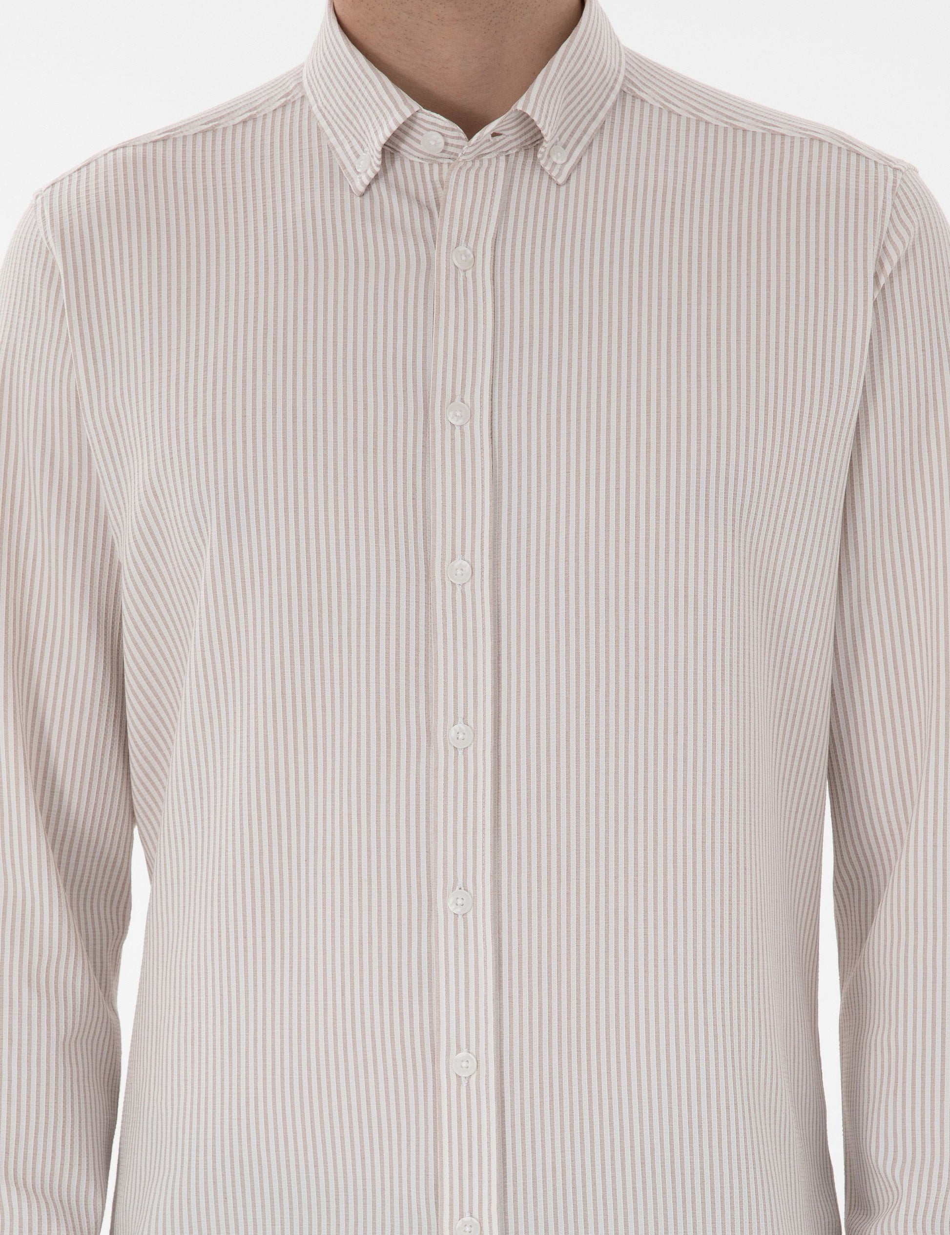 Beige Slim Fit Striped Long Sleeve Shirt