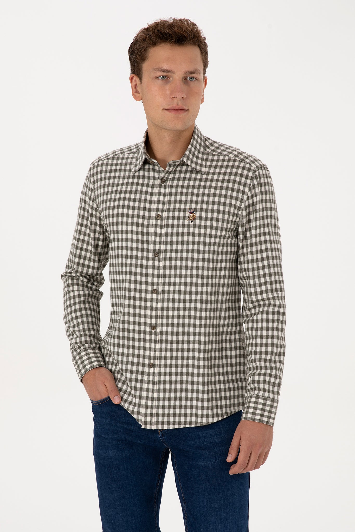 Men's Dark Green Long Sleeve Plaid Shirt