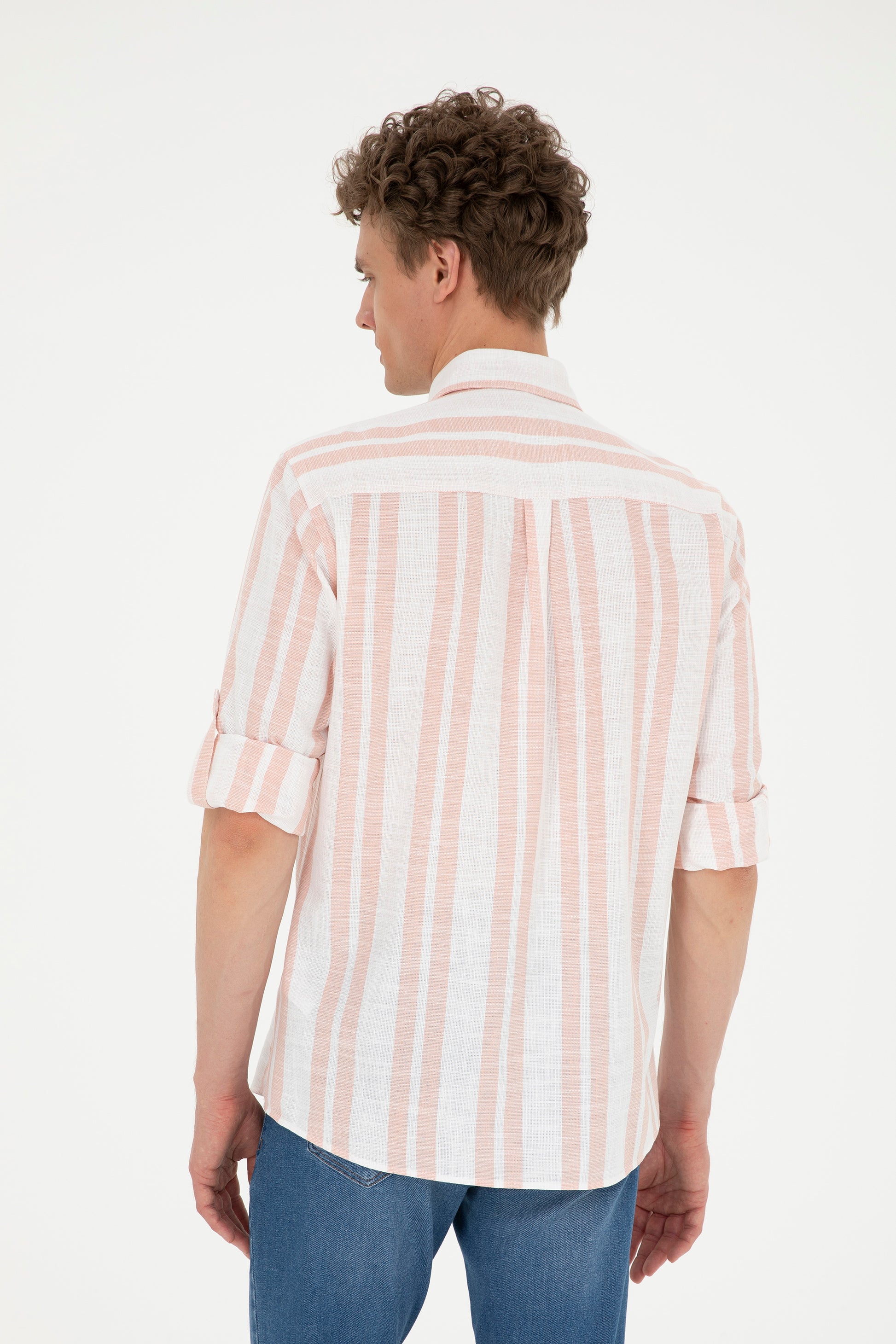 Men's Salmon Striped White Shirt