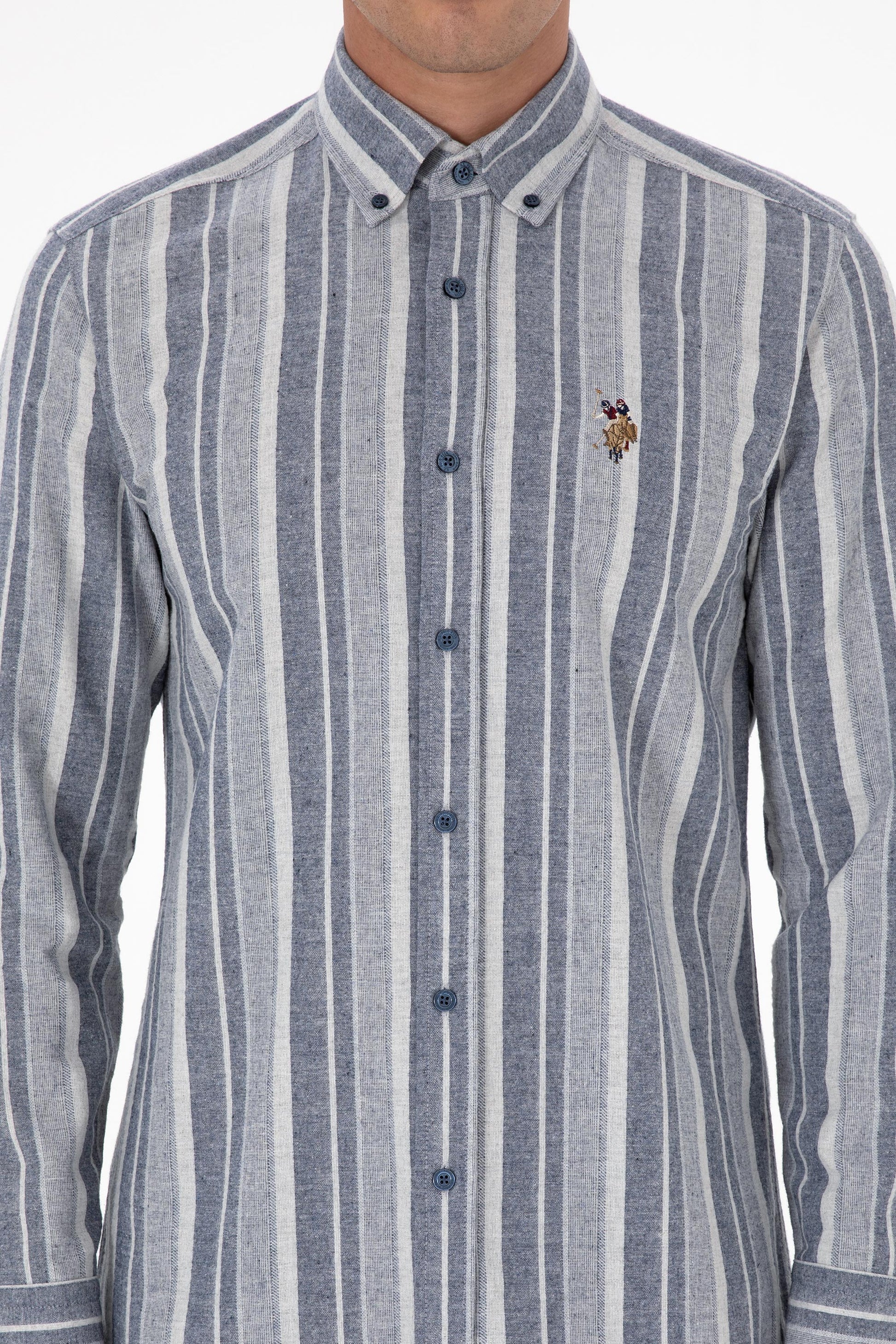 Men's Navy Blue Long Sleeve Striped Shirt