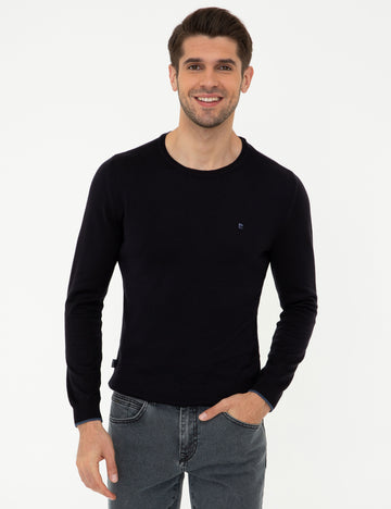 Navy Blue Slim Fit Crew Neck Basic Knitwear Sweater