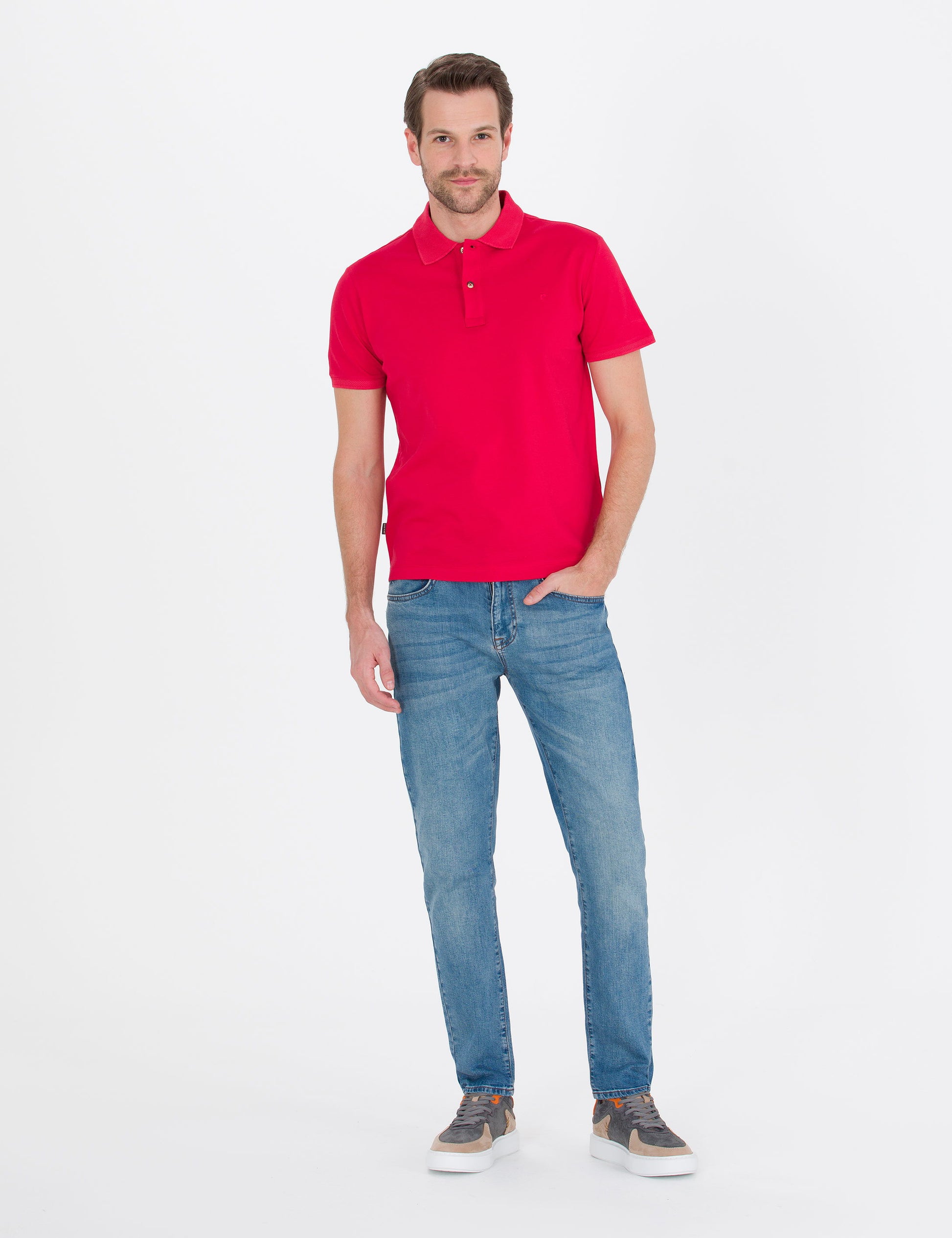 Red Slim Fit Polo Neck Mercerized T-Shirt