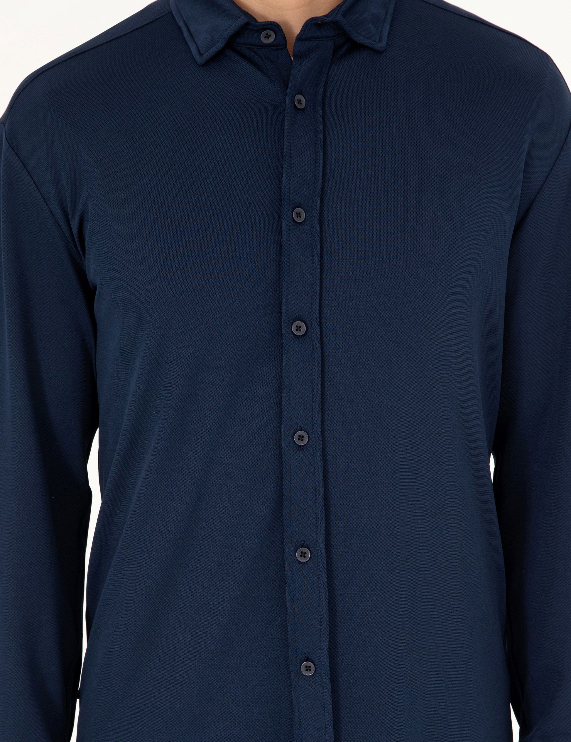 Navy Blue Slim Fit Knitted Shirt