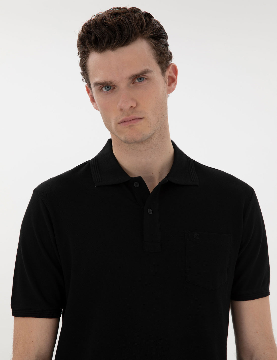 Black Regular Fit Crewless Polo Neck Basic T-Shirt