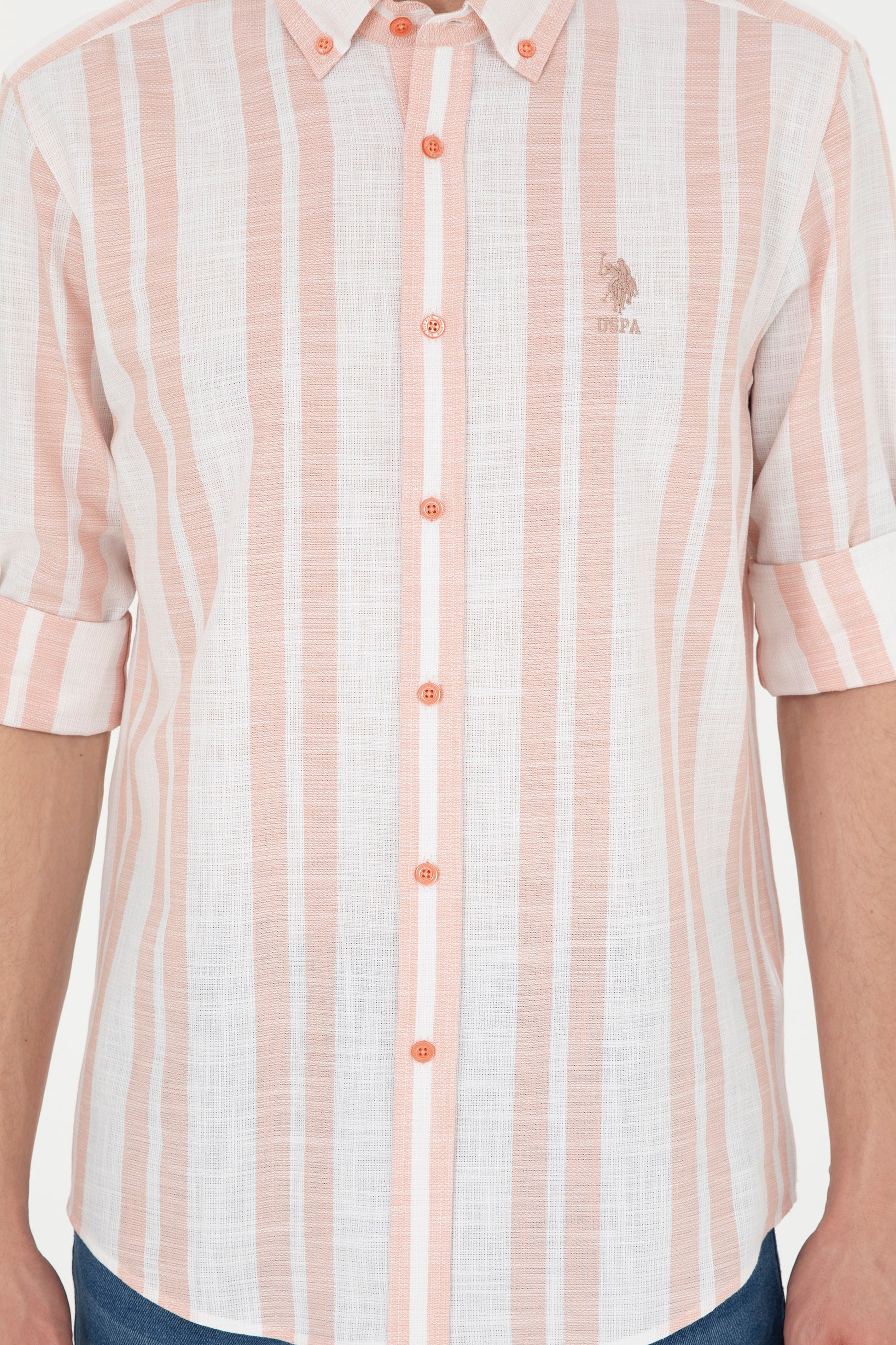 Men's Salmon Striped White Shirt