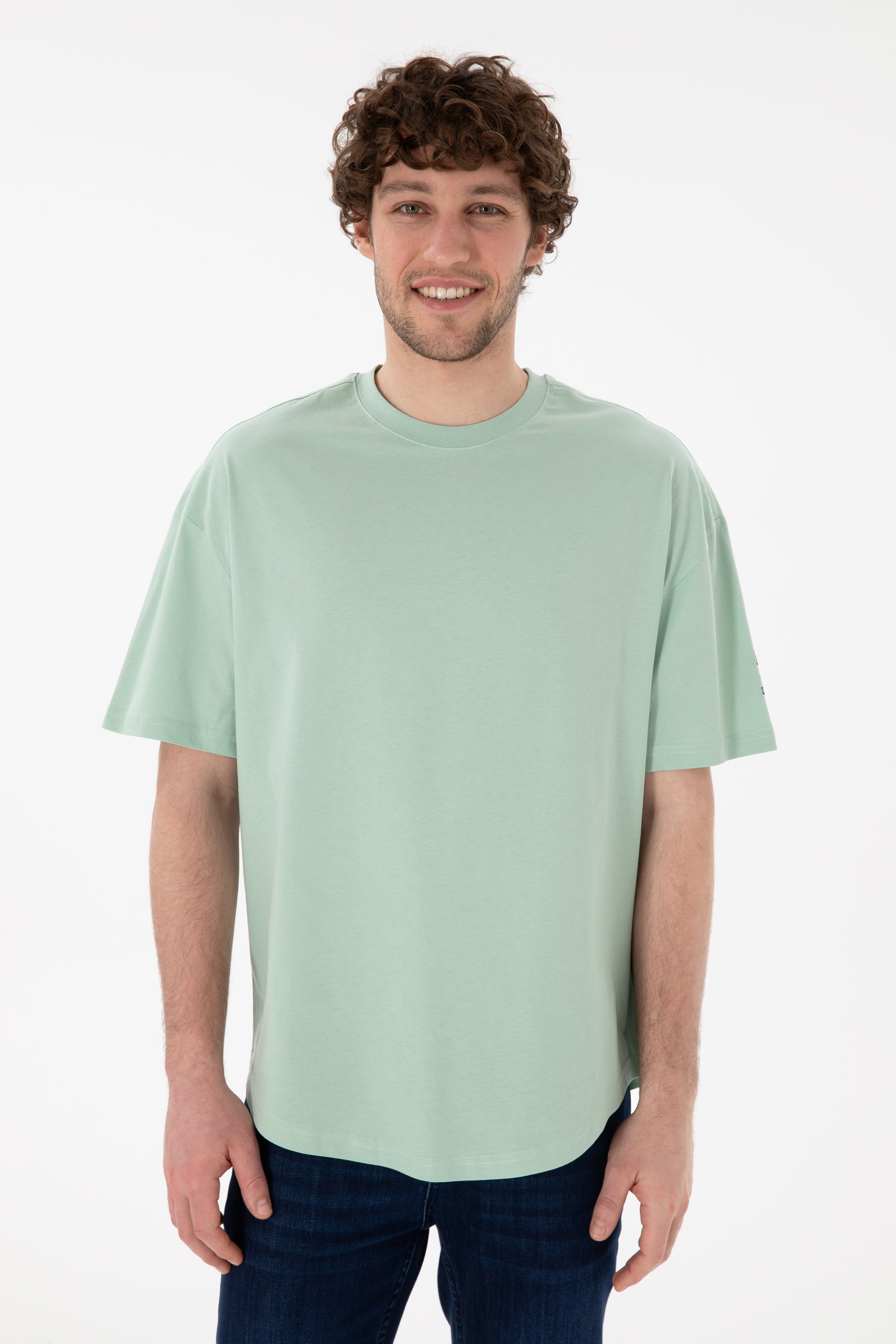 Men's Long Fit Crew Neck Water Green Basic T-Shirt