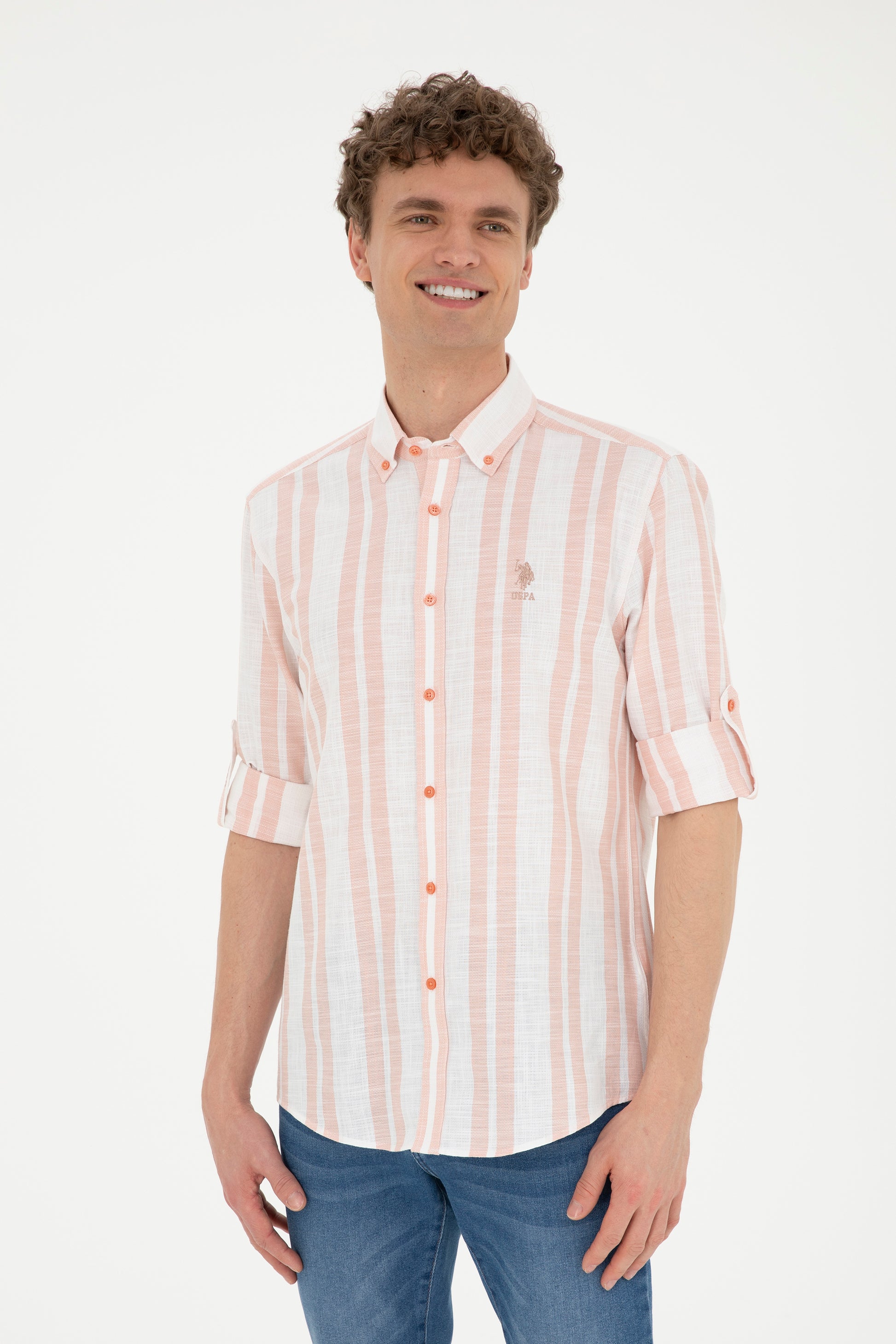 Men's Salmon Striped White Shirt