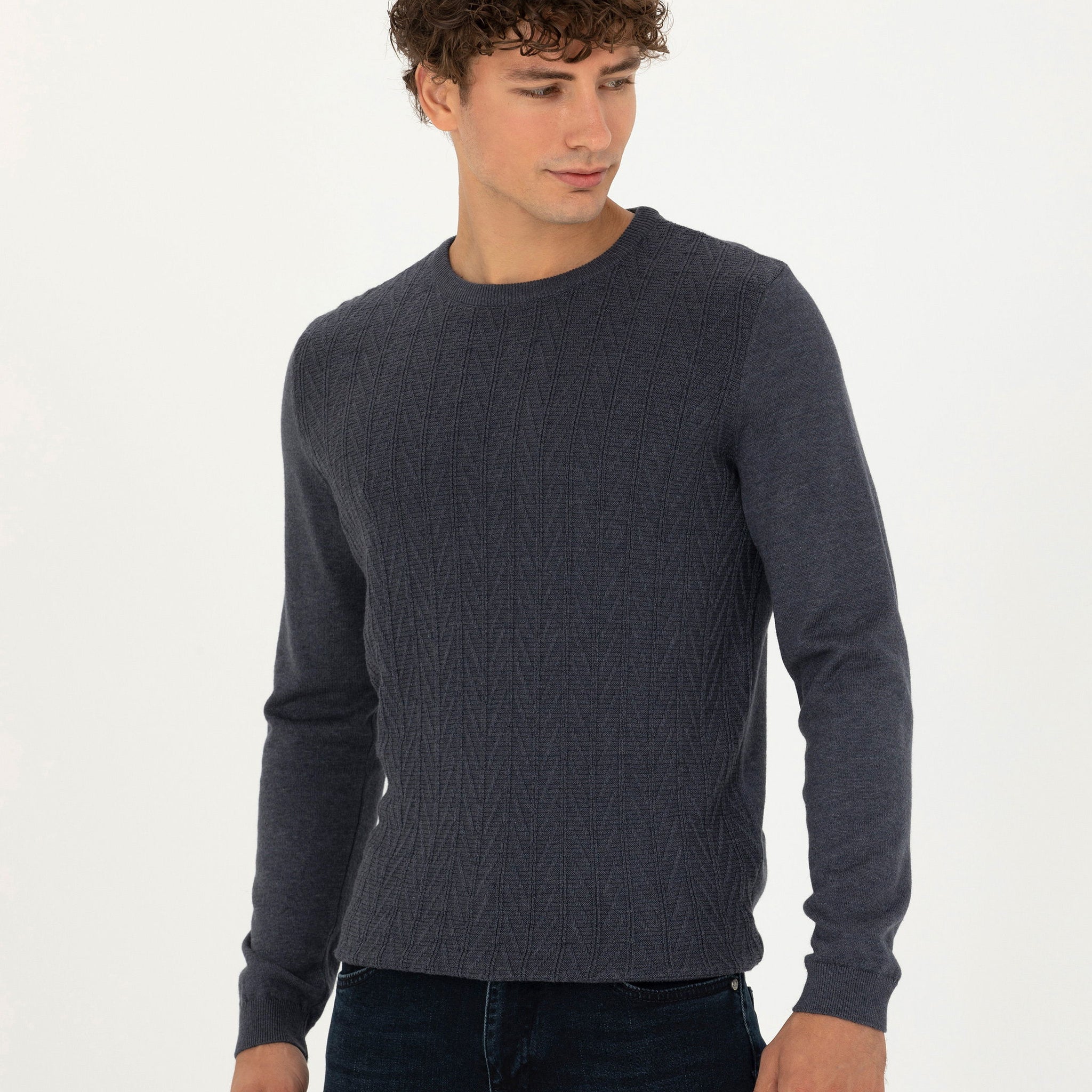 Dark Blue Slim Fit Crew Neck Knitwear Sweater