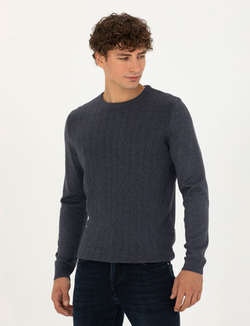 Dark Blue Slim Fit Crew Neck Knitwear Sweater