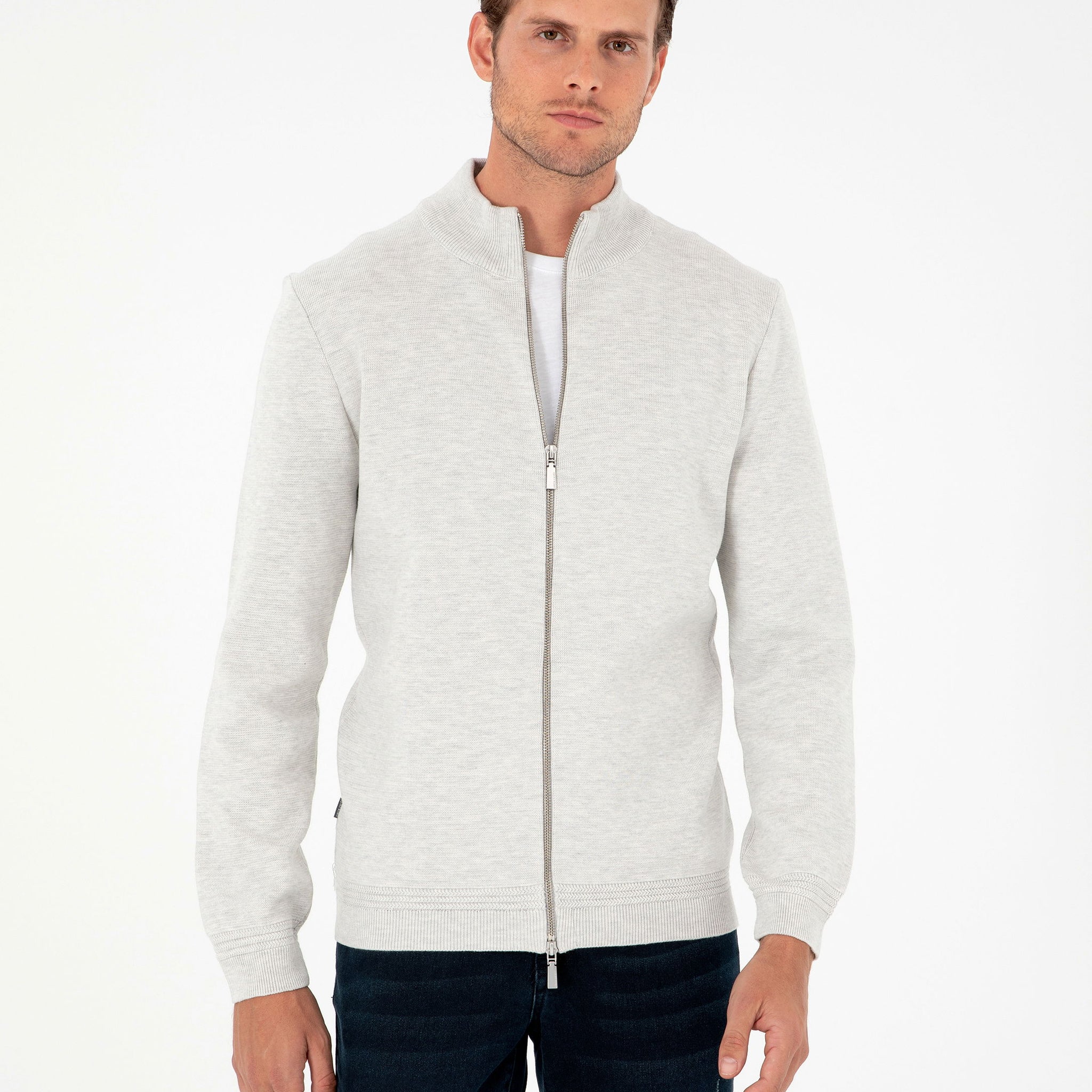 Light Grey Melange Regular Fit Sweater Cardigan