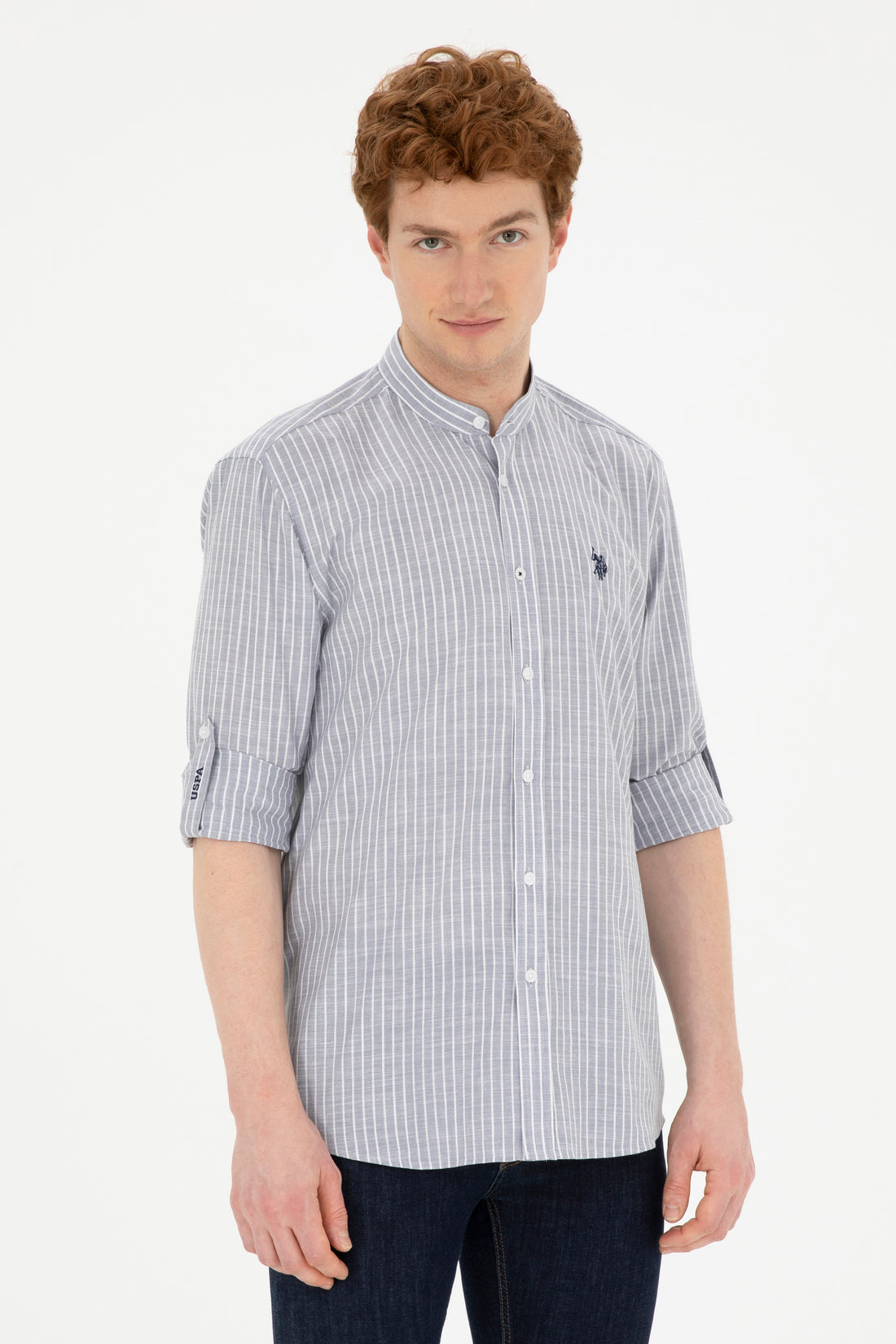 Men's Judge Collar Striped Gray Shirt