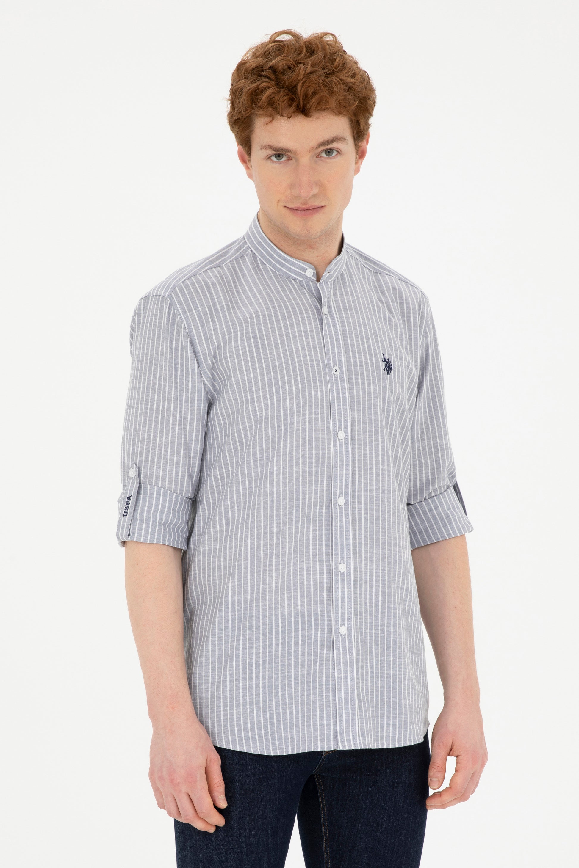 Men's Judge Collar Striped Gray Shirt