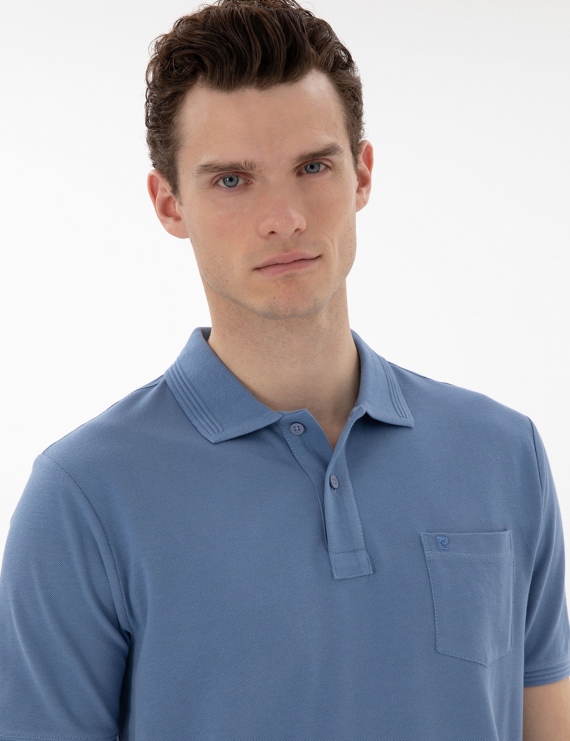 Blue Regular Fit Crewless Polo Neck Basic T-Shirt
