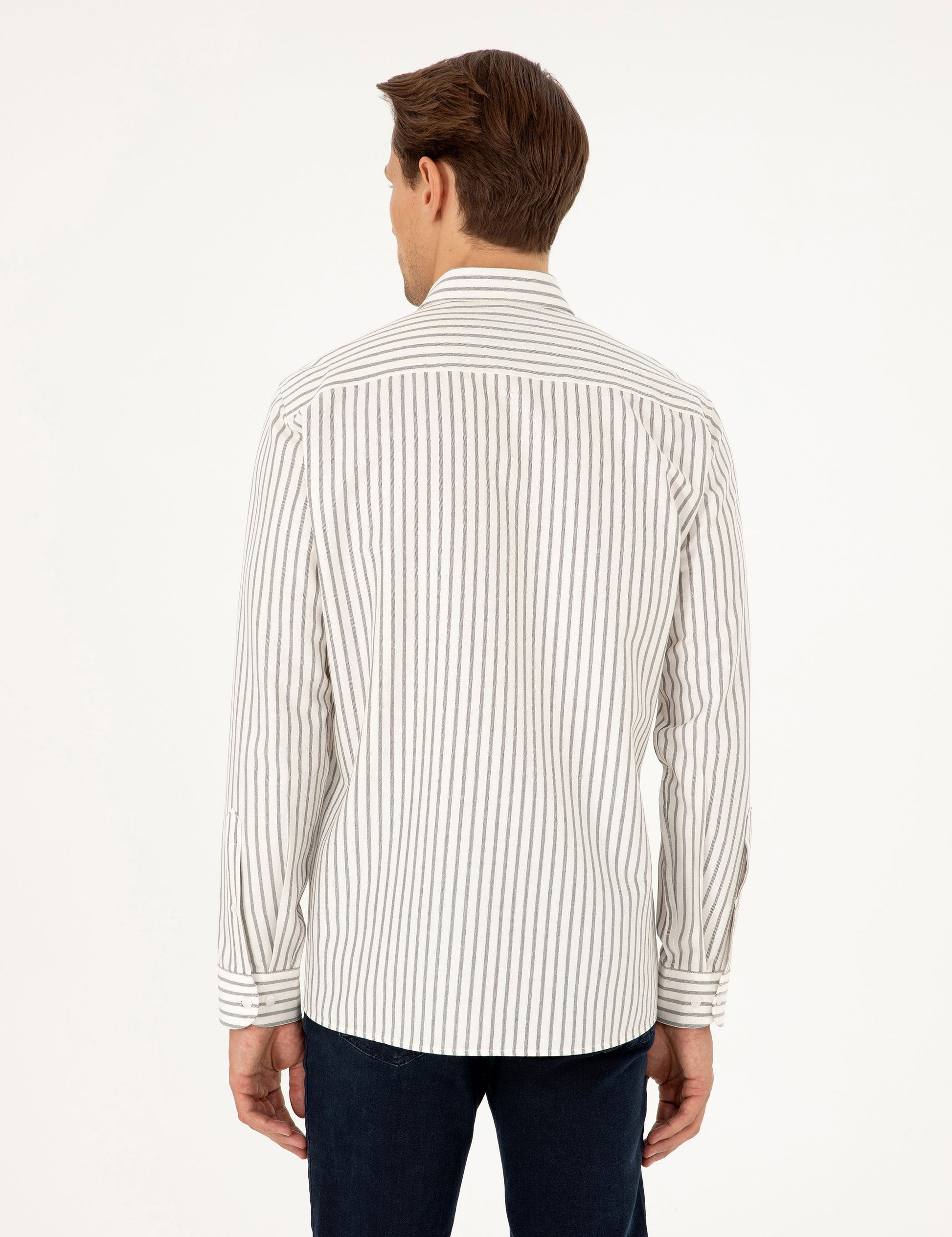 Navy Blue Slim Fit Striped Long Sleeve Shirt