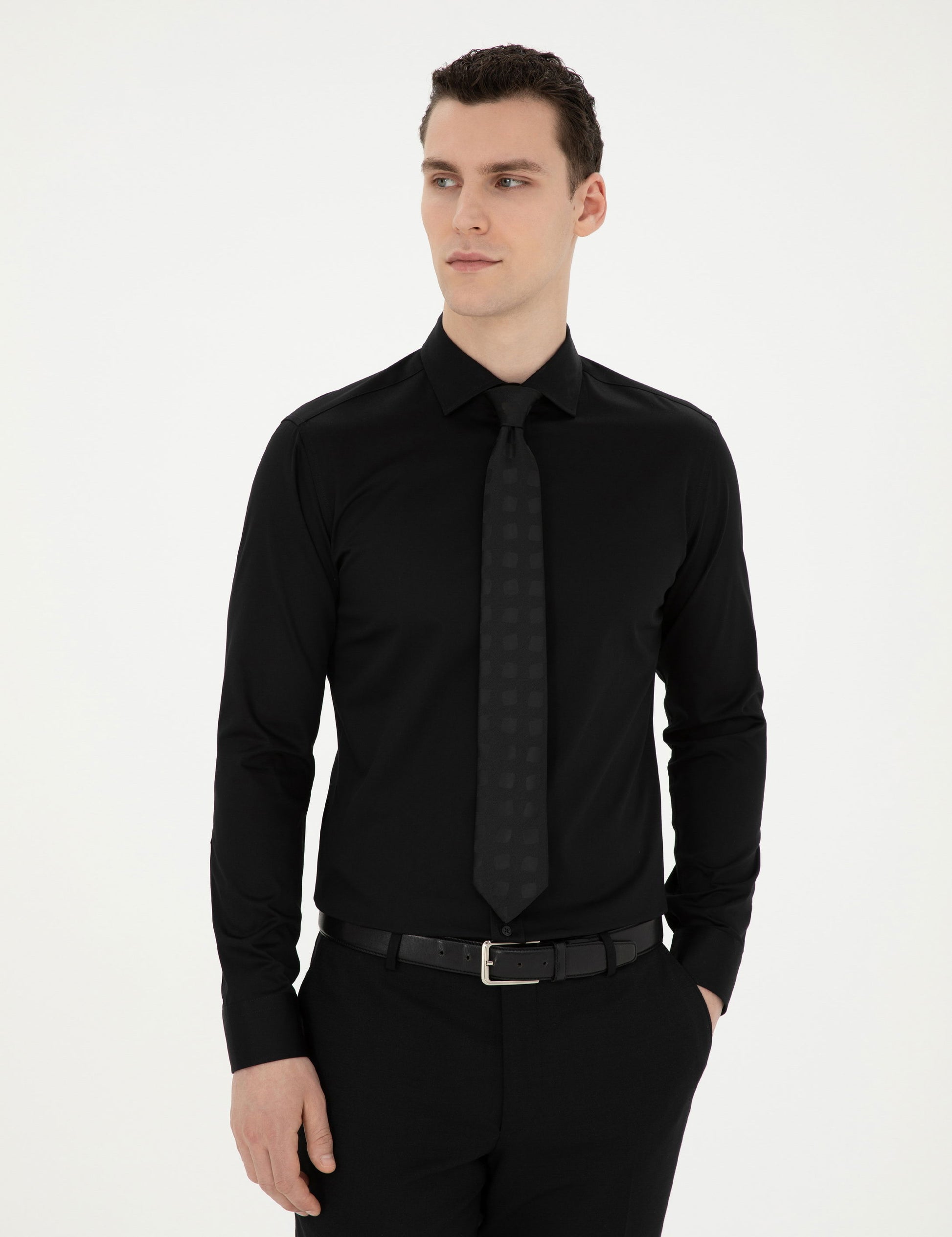 Black Ex. Slim Fit Long Sleeve Basic Shirt