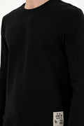 Men's Regular Fit Crew Neck Label Print Black Sweatshirt