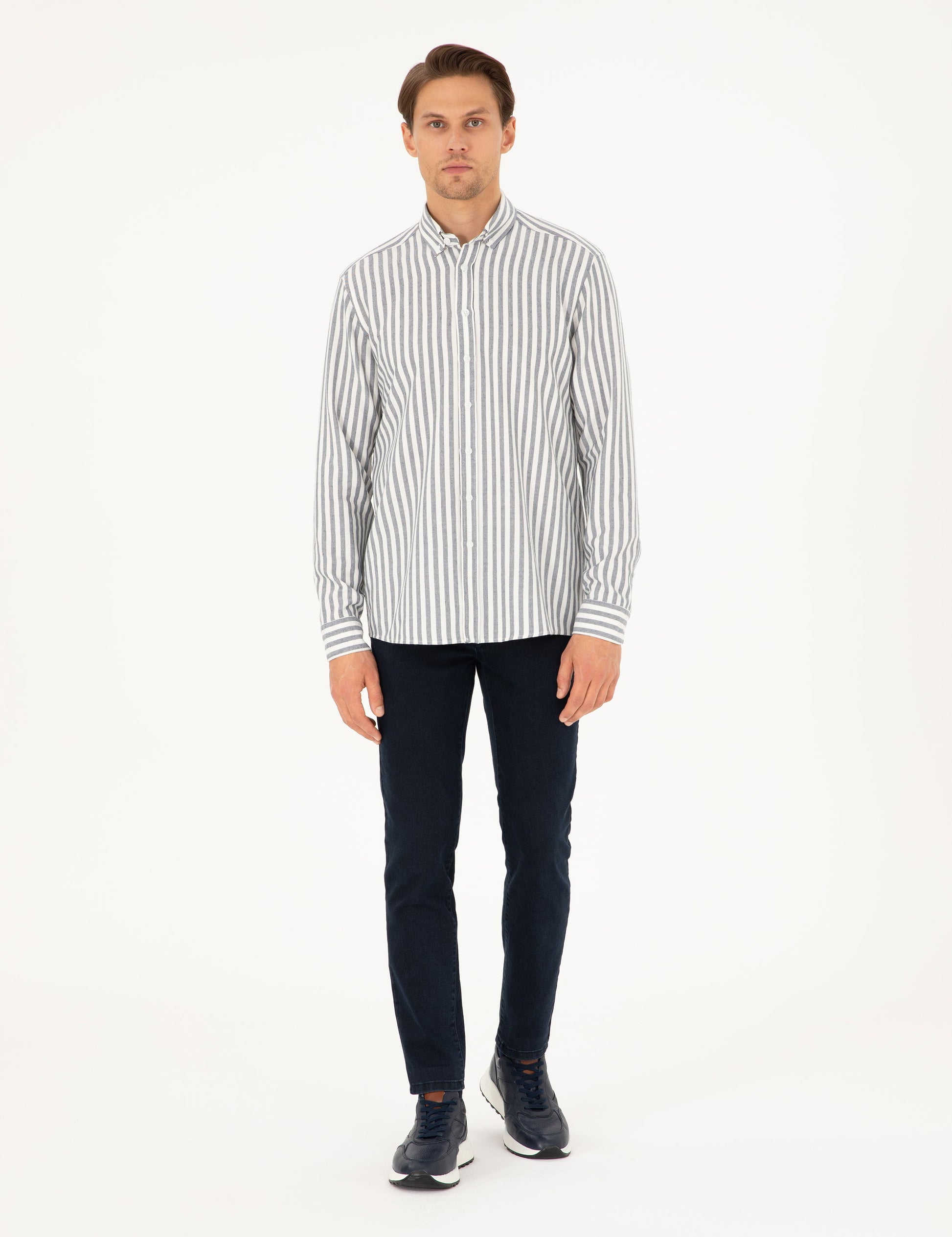 Navy Blue Regular Fit Striped Long Sleeve Shirt