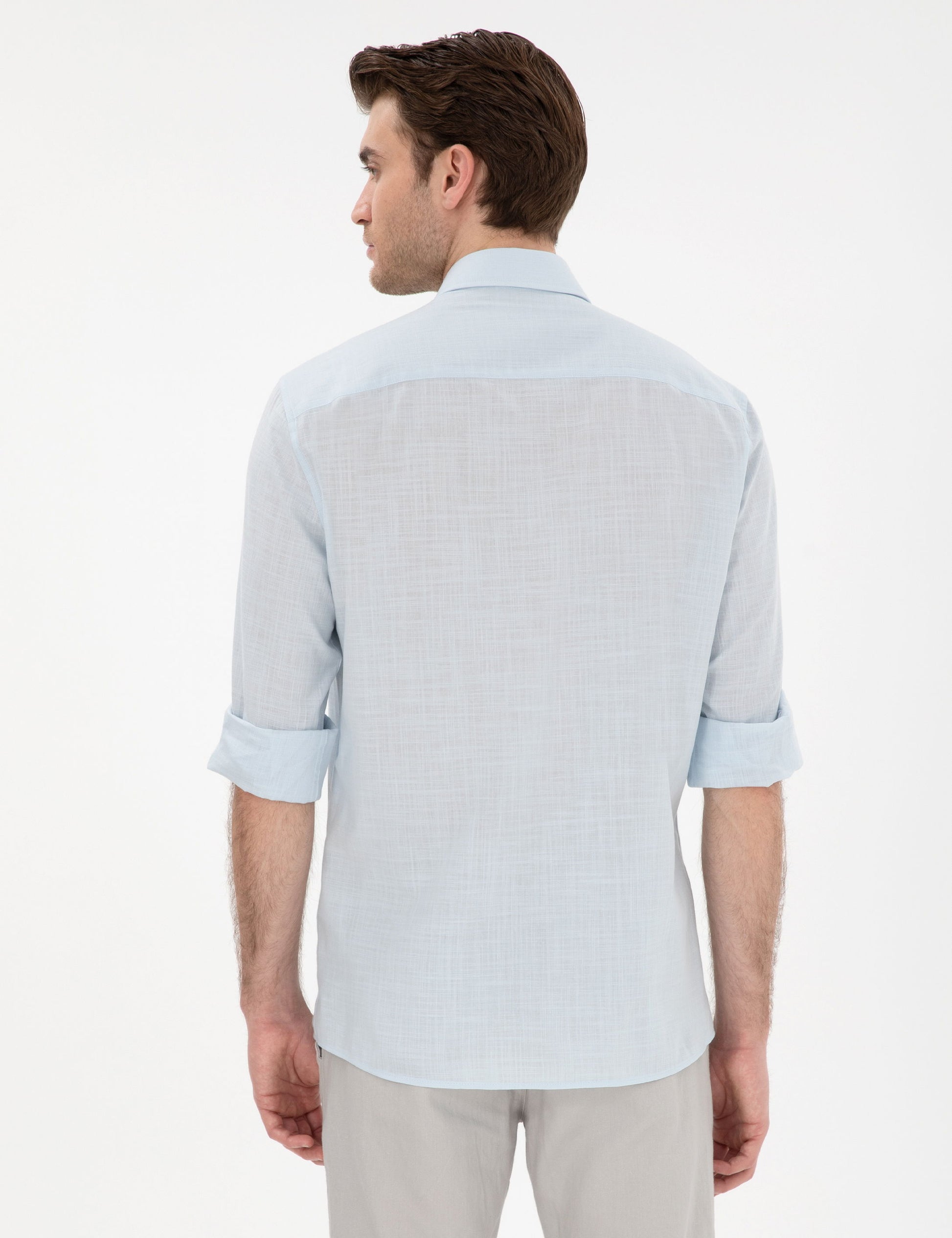 Light Blue Linen Look Slim Fit Long Sleeve Shirt