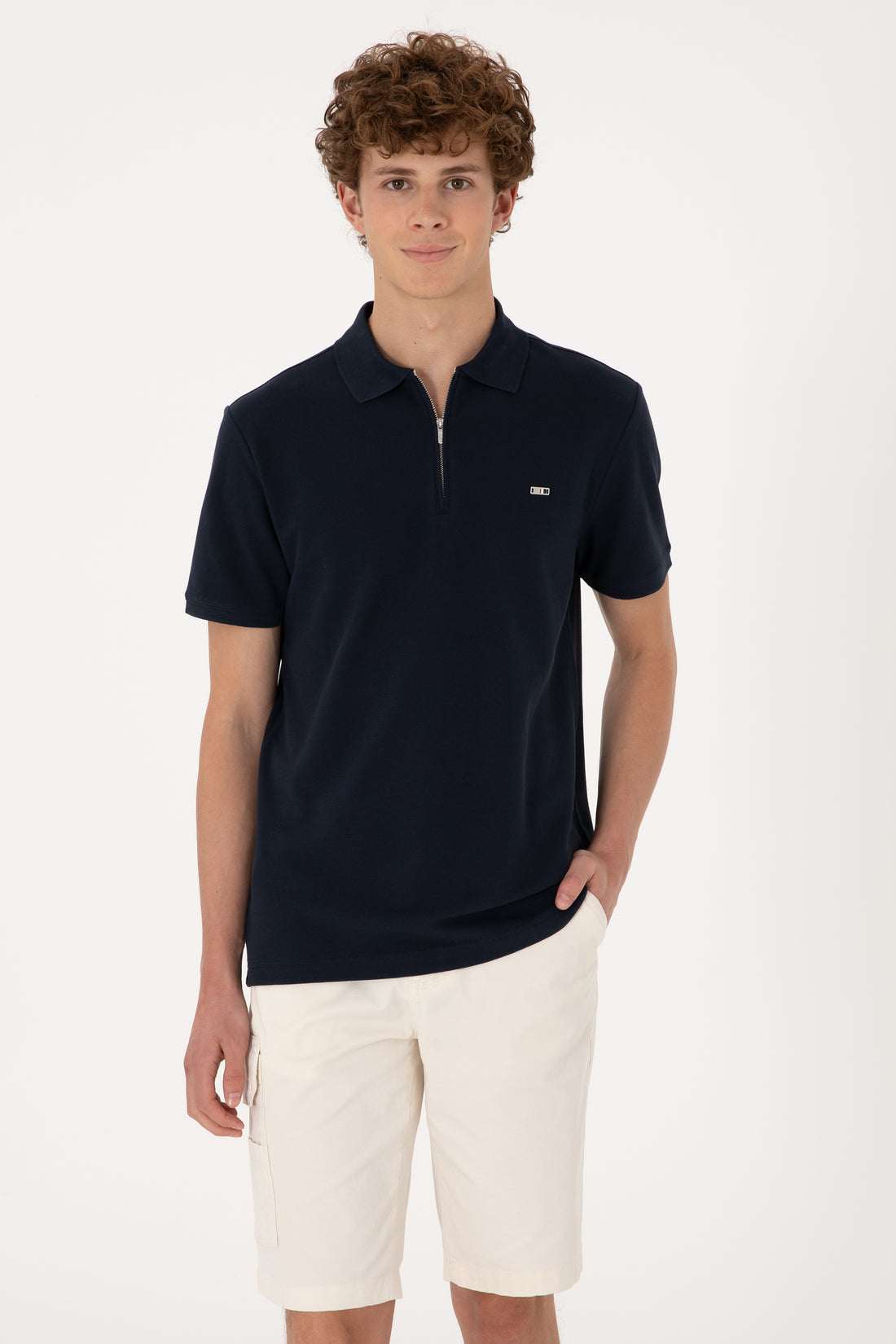 Men's Regular Fit Zipper Navy T-Shirt