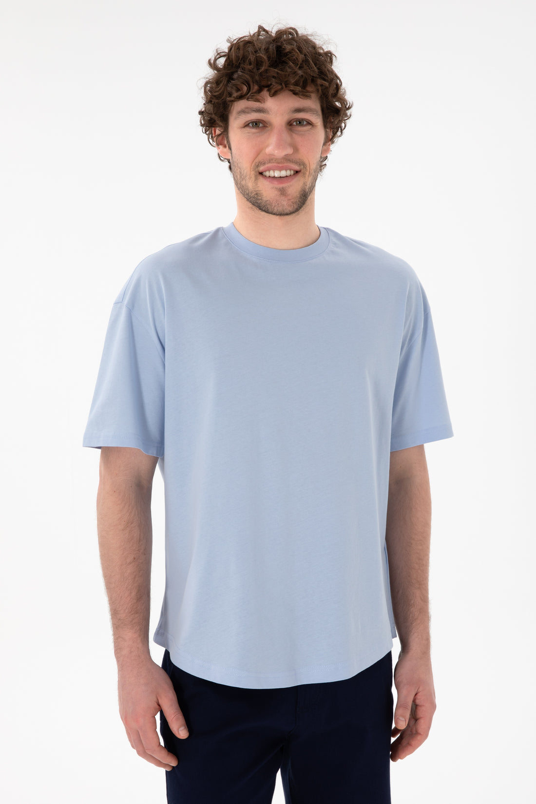Men's Long Fit Crew Neck Light Blue Basic T-Shirt