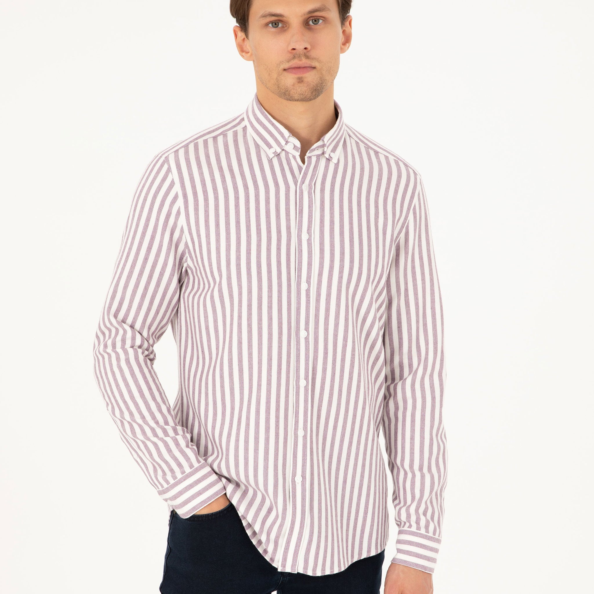 Purple Regular Fit Striped Long Sleeve Shirt