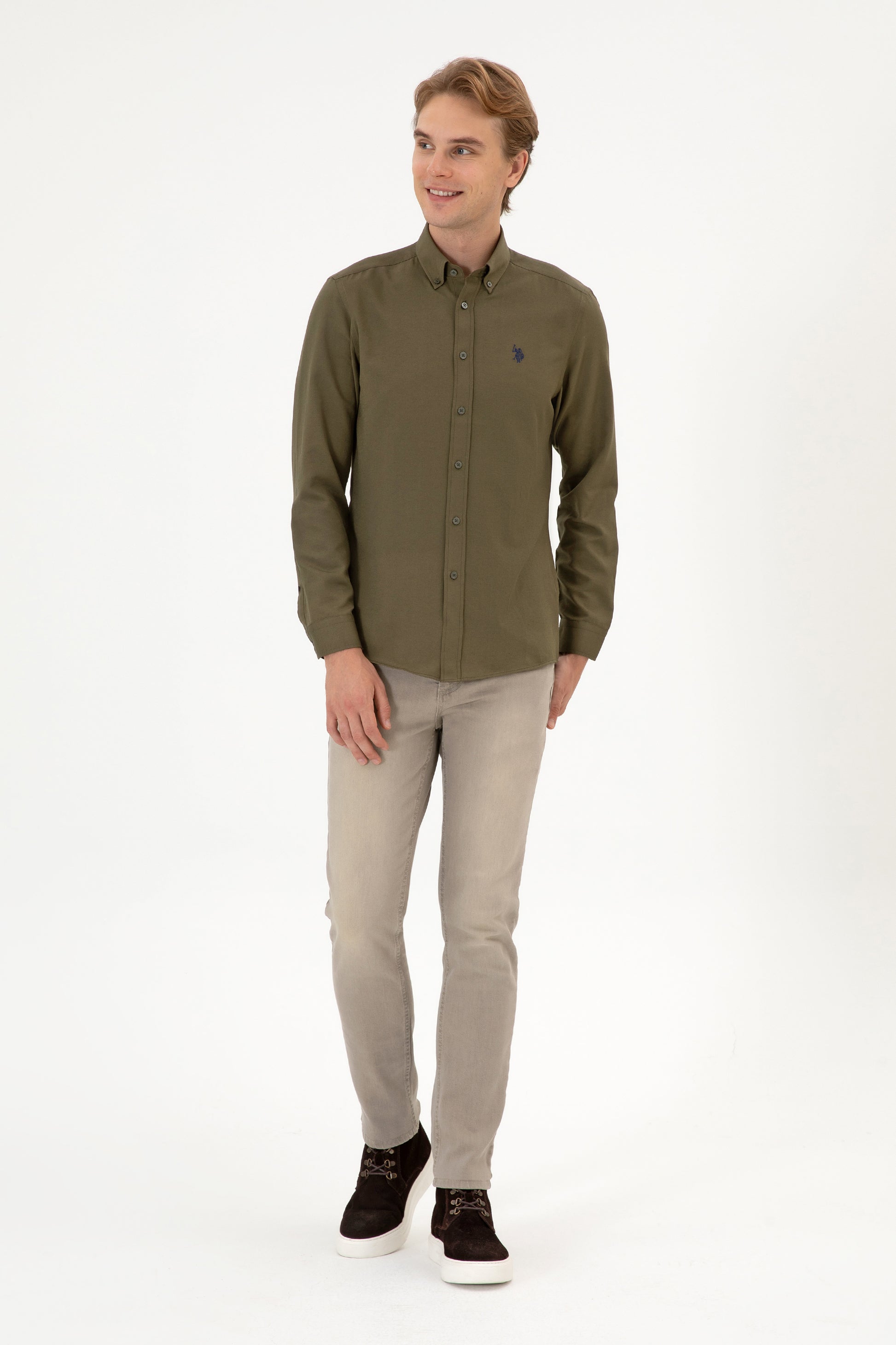 Men's Khaki Long Sleeve Basic Shirt