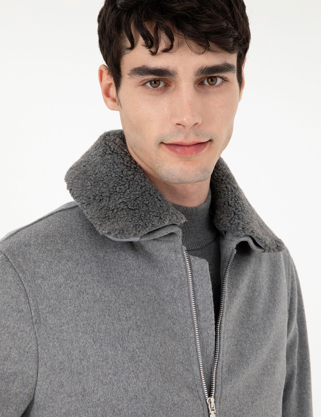 Grey Wool Blend Regular Fit Cashmere Coat