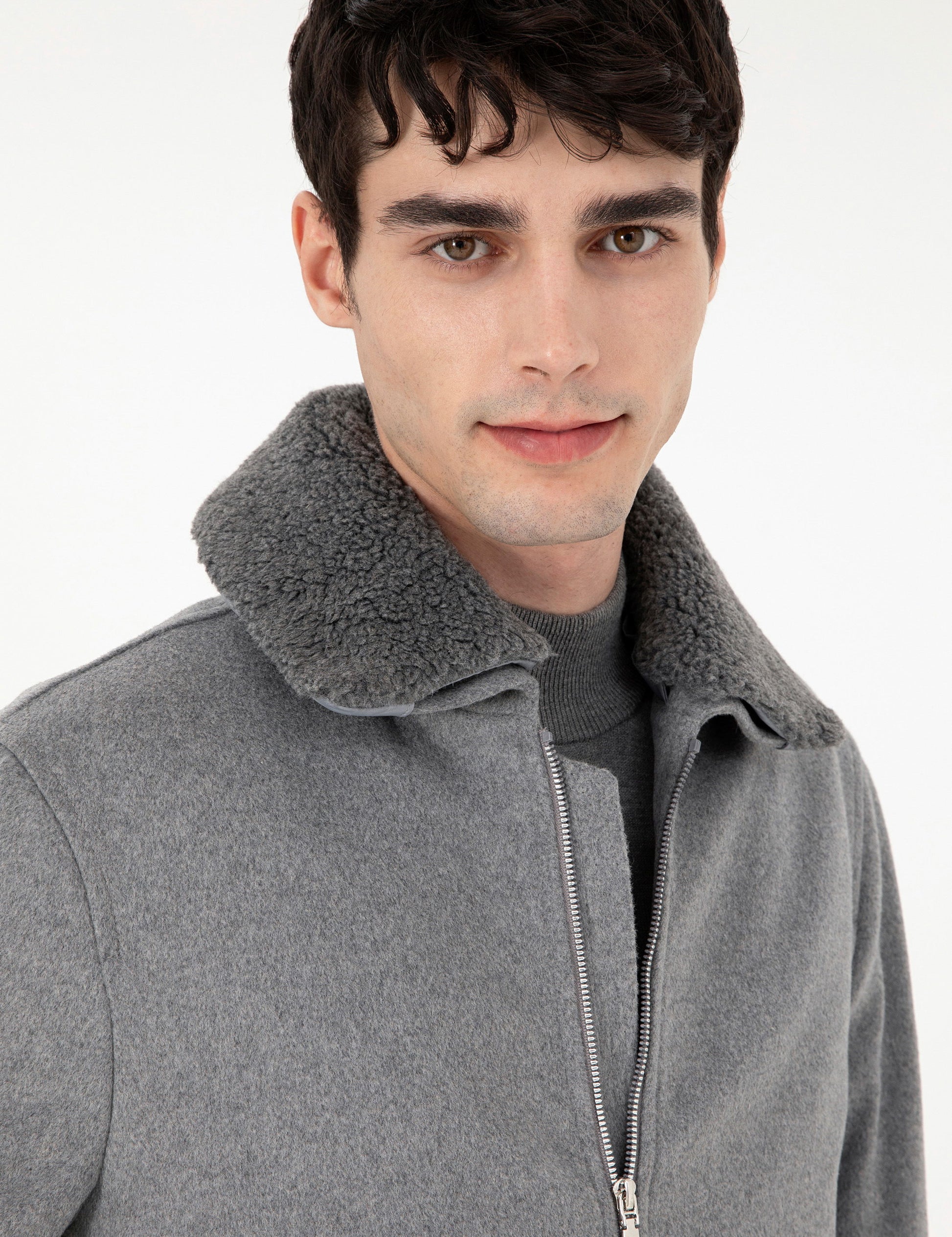 Grey Wool Blend Regular Fit Cashmere Coat