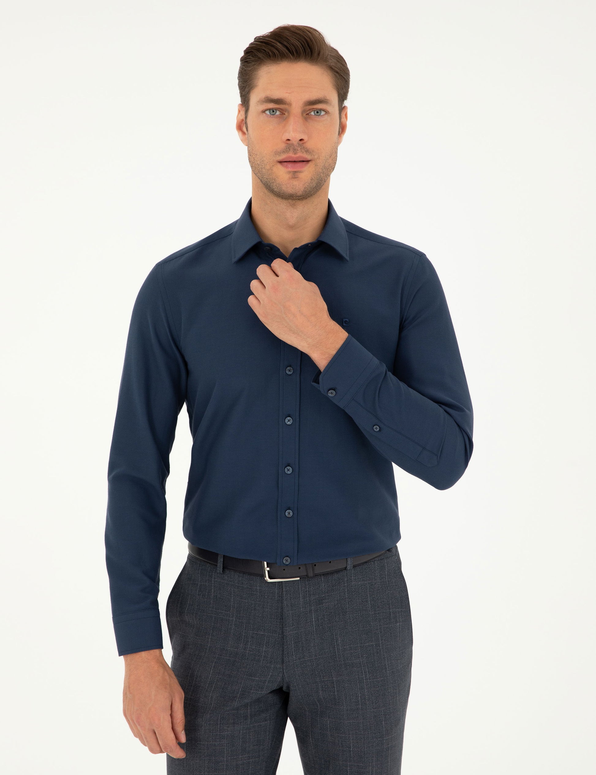 Navy Blue Slim Fit Chunky Long Sleeve Shirt