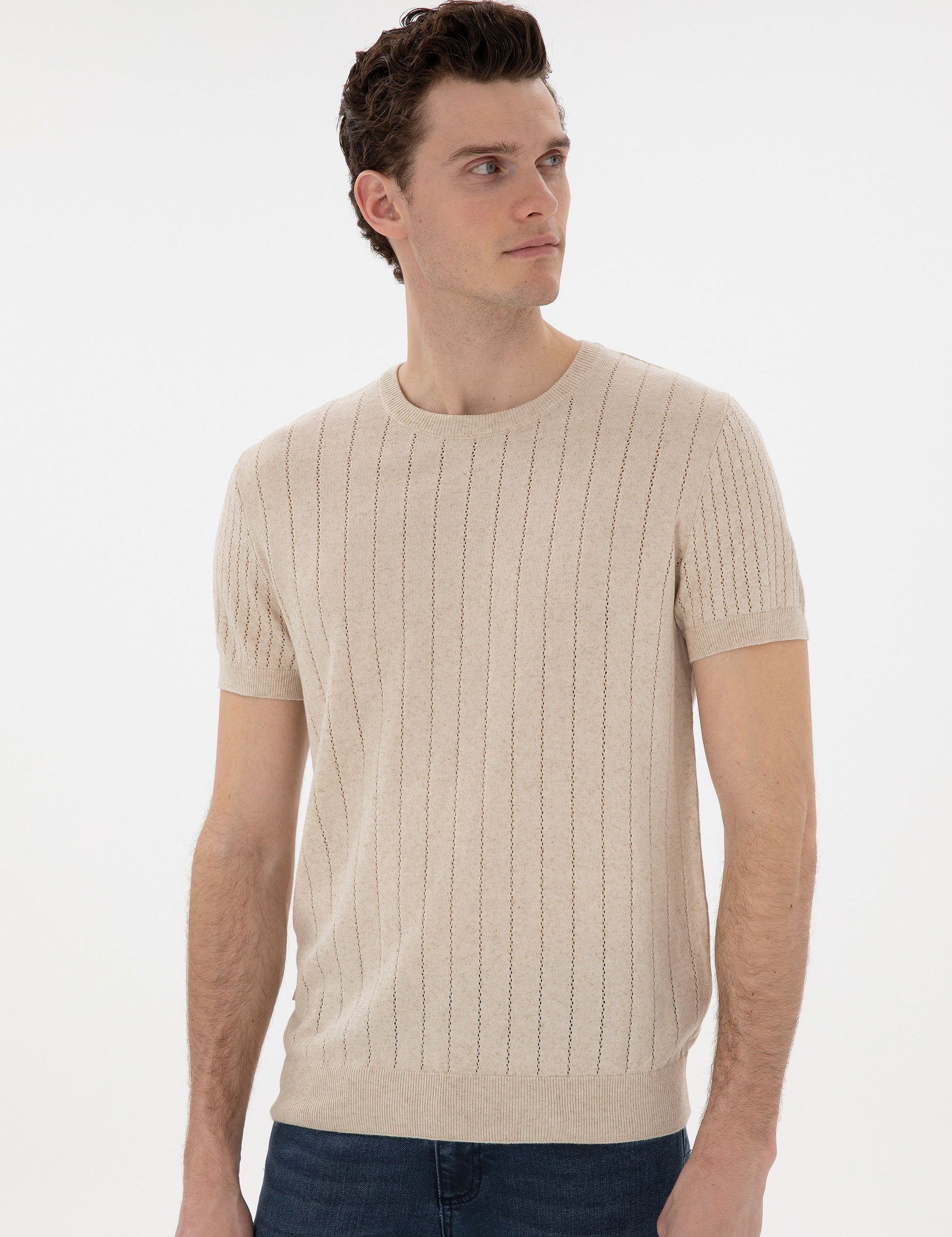 Beige Linen Blended Regular Fit Crew Neck Sweater T-Shirt