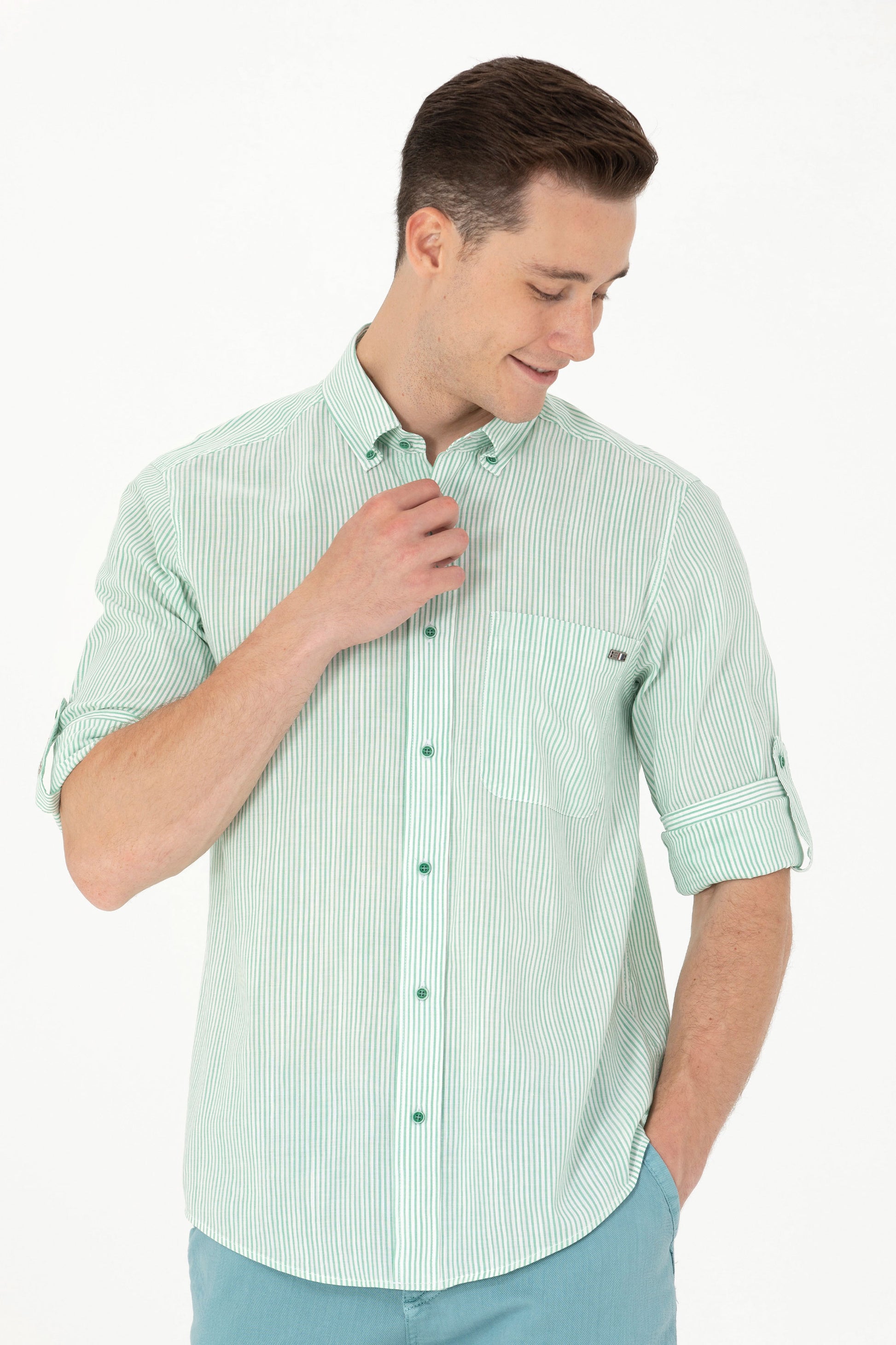 Men's Green Striped White Shirt