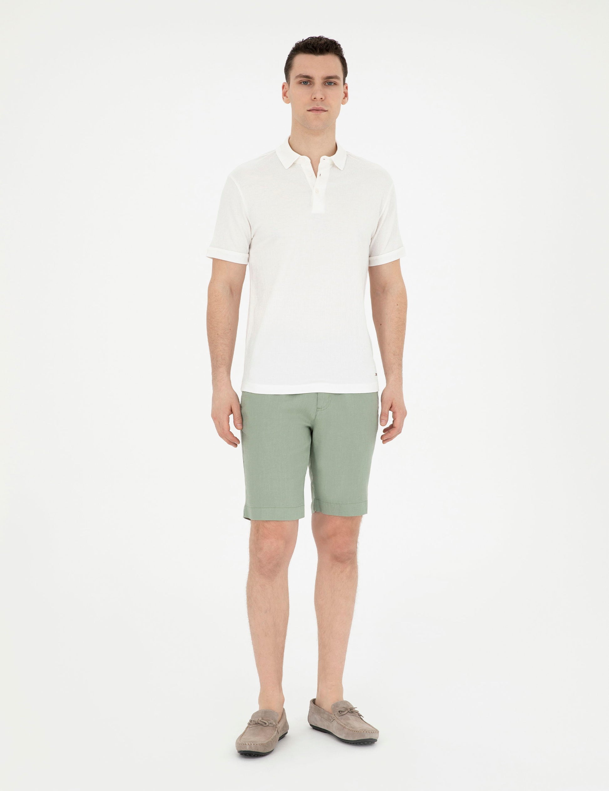 Green Slim Fit Linen Waist Elastic Woven Shorts