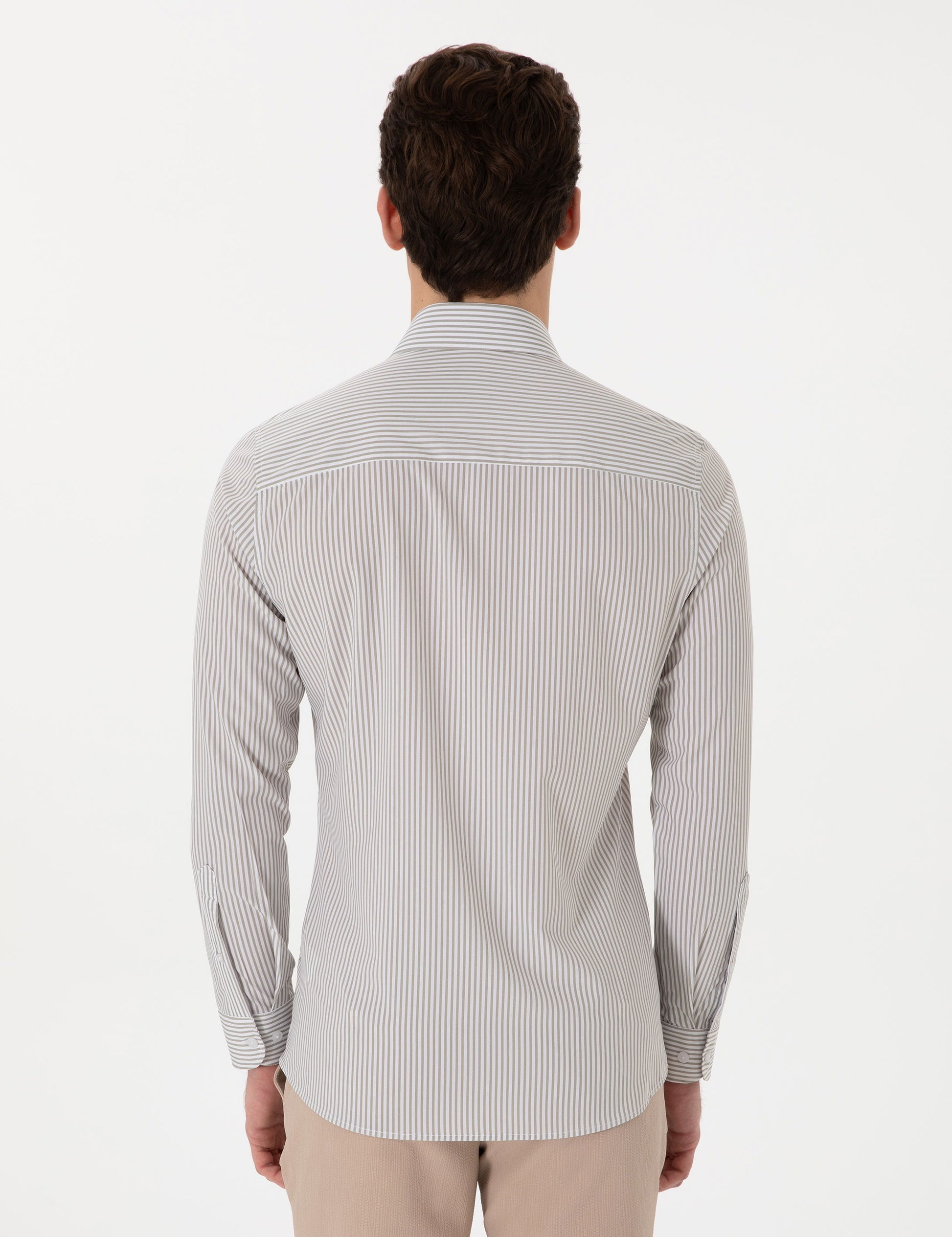 Khaki Striped Ex. Slim Fit Long Sleeve Shirt