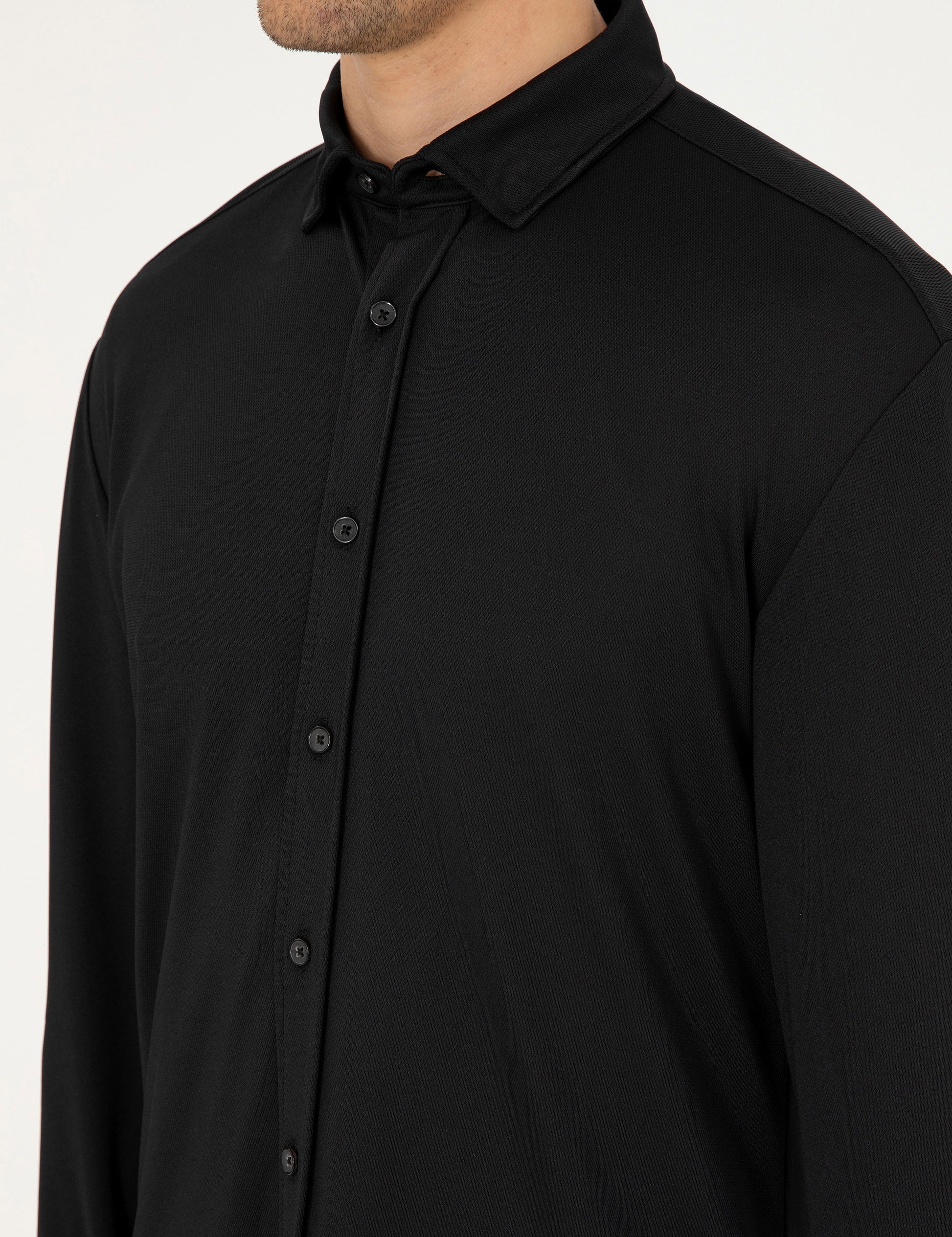 Black Slim Fit Knitted Shirt