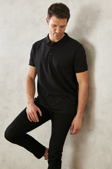 Men’s Slim Shrink-Free Cotton Fabric Slim Fit Narrow Cut Jet Black Non-Roll Polo Collar T-Shirt 4A4820200047-T