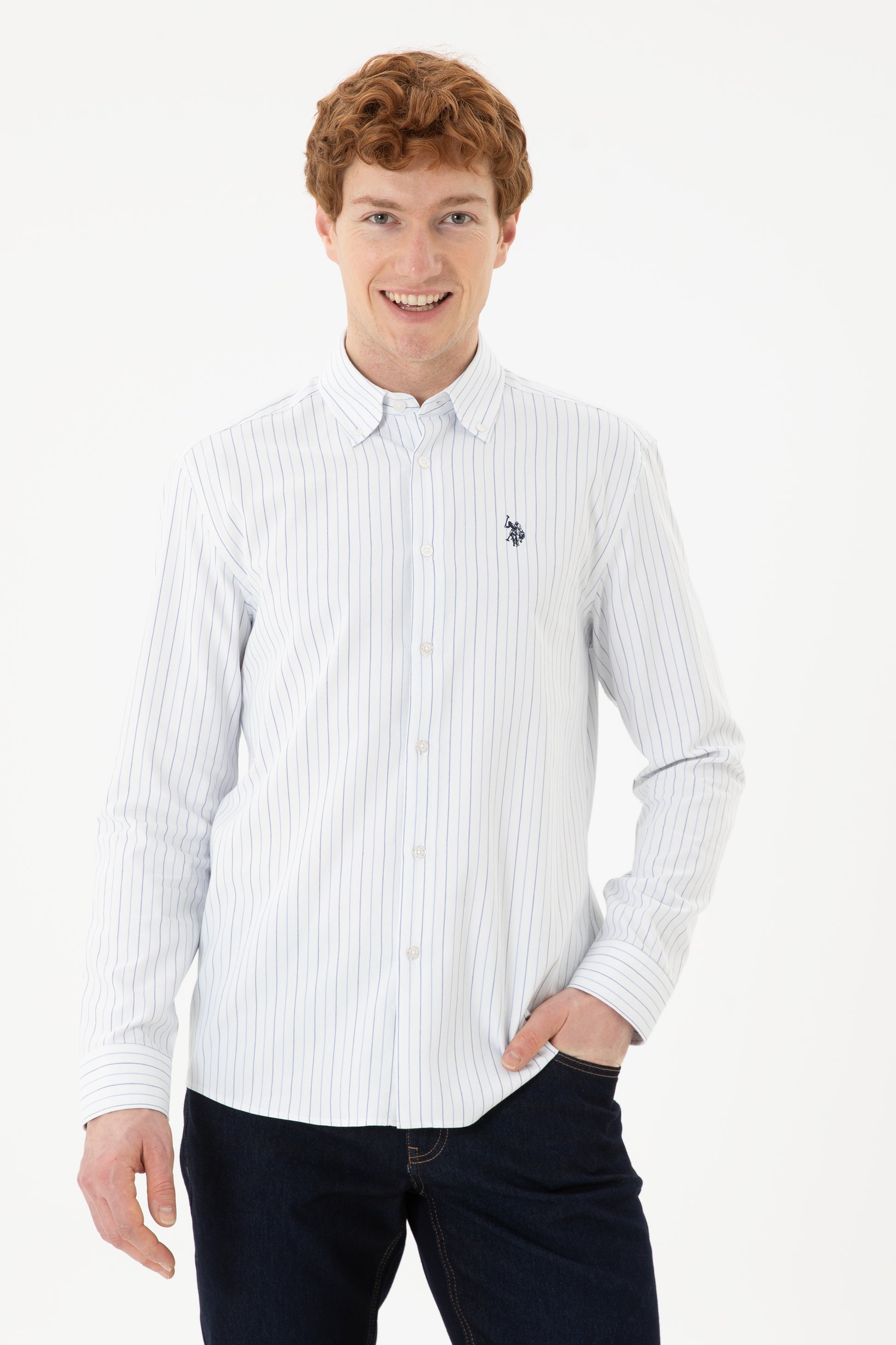 Men's Blue Striped White Shirt