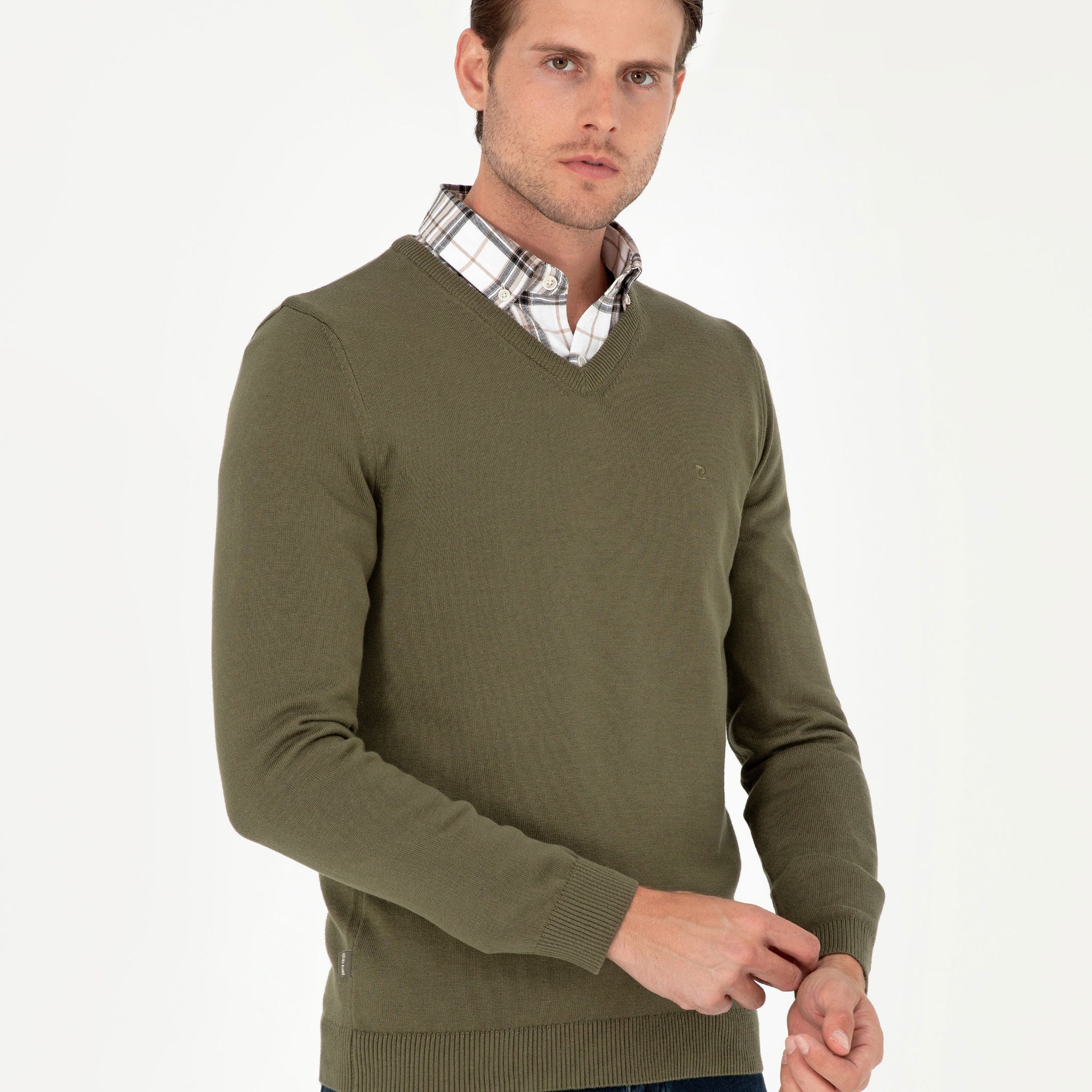 Dark Khaki Slim Fit V Neck Basic Knitwear Sweater