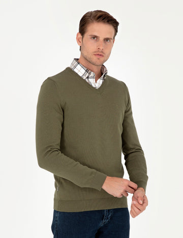 Dark Khaki Slim Fit V Neck Basic Knitwear Sweater