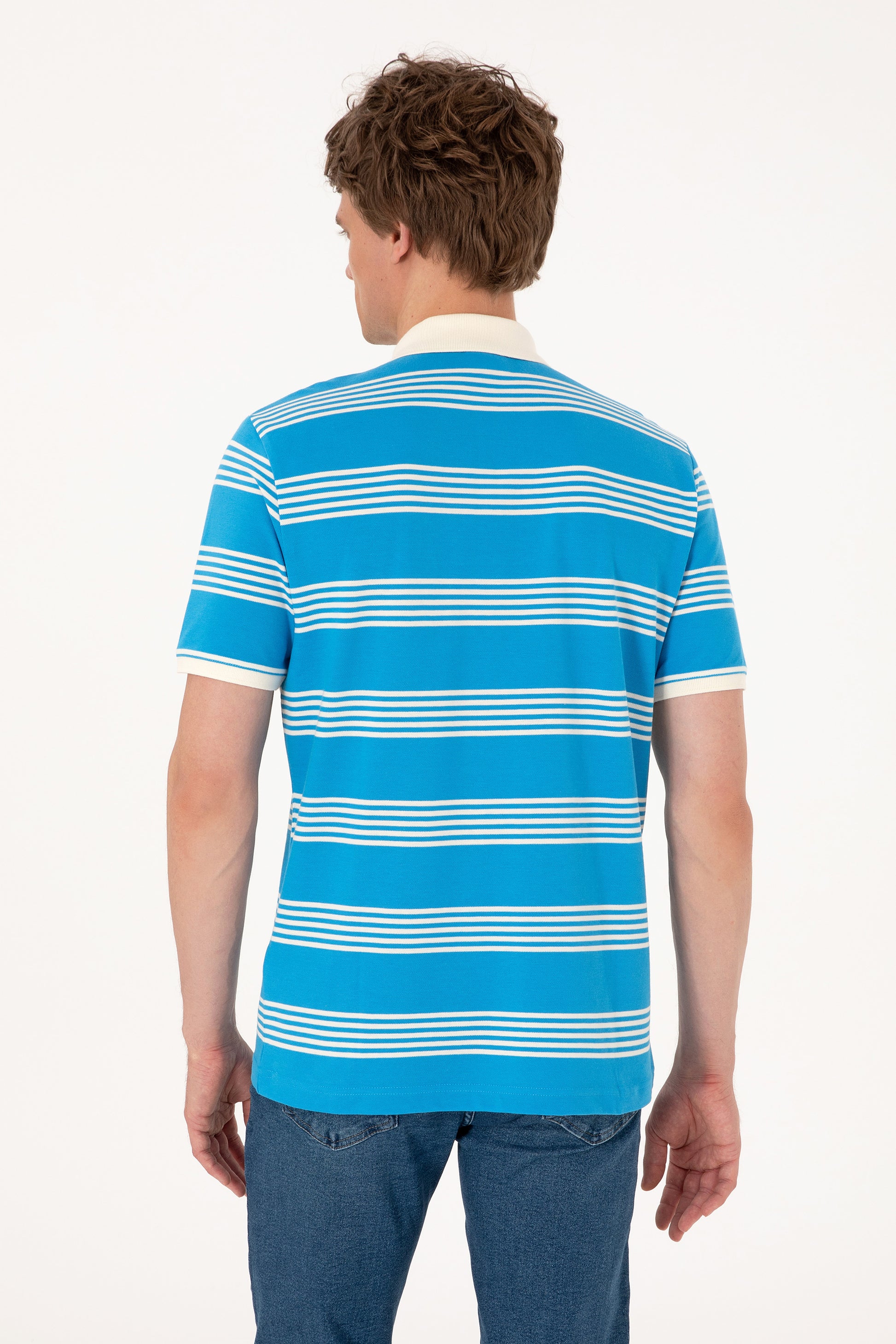 Men's Regular Fit Polo Neck Turquoise Striped T-Shirt