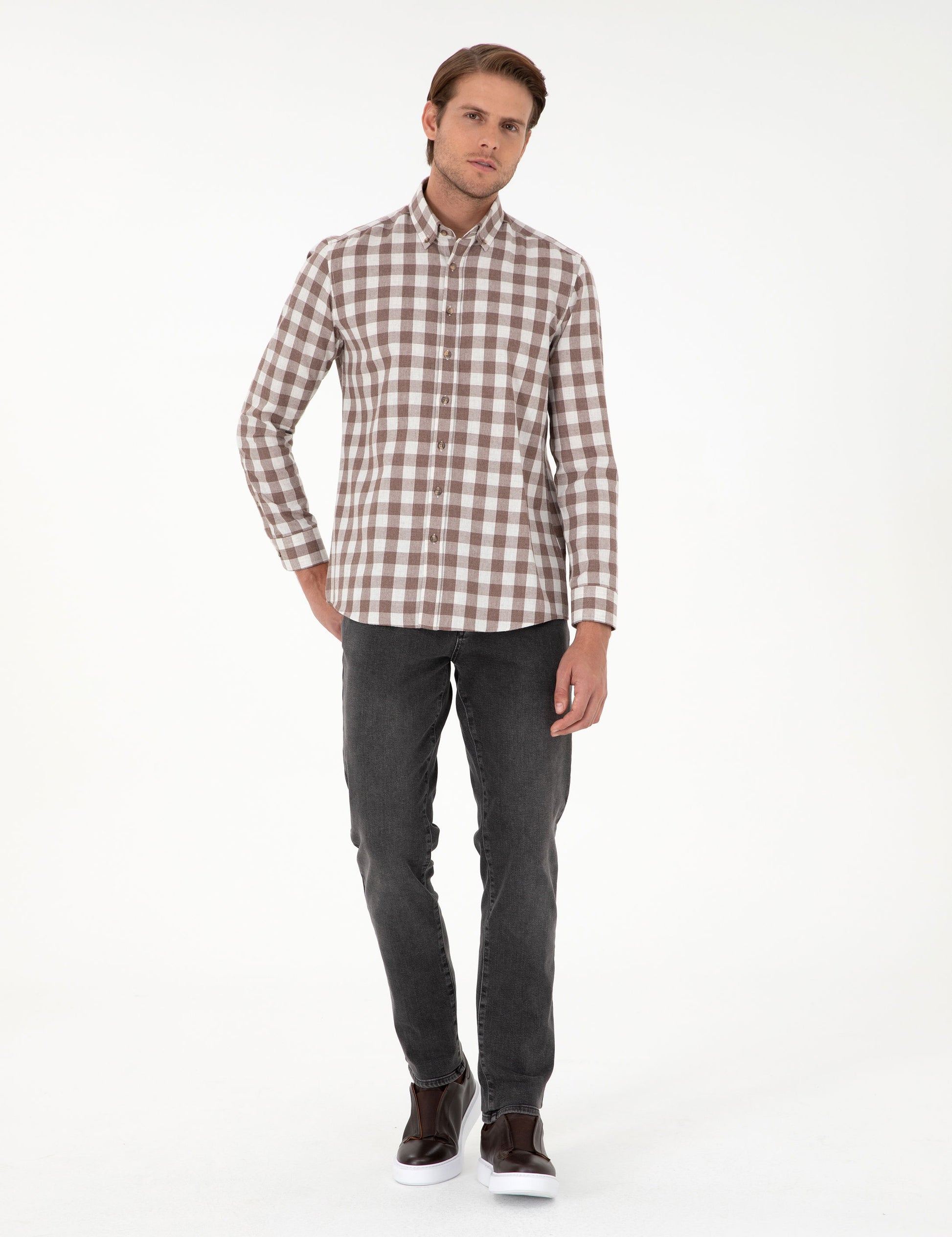 Brown Checkered Regular Fit Long Sleeve Shirt