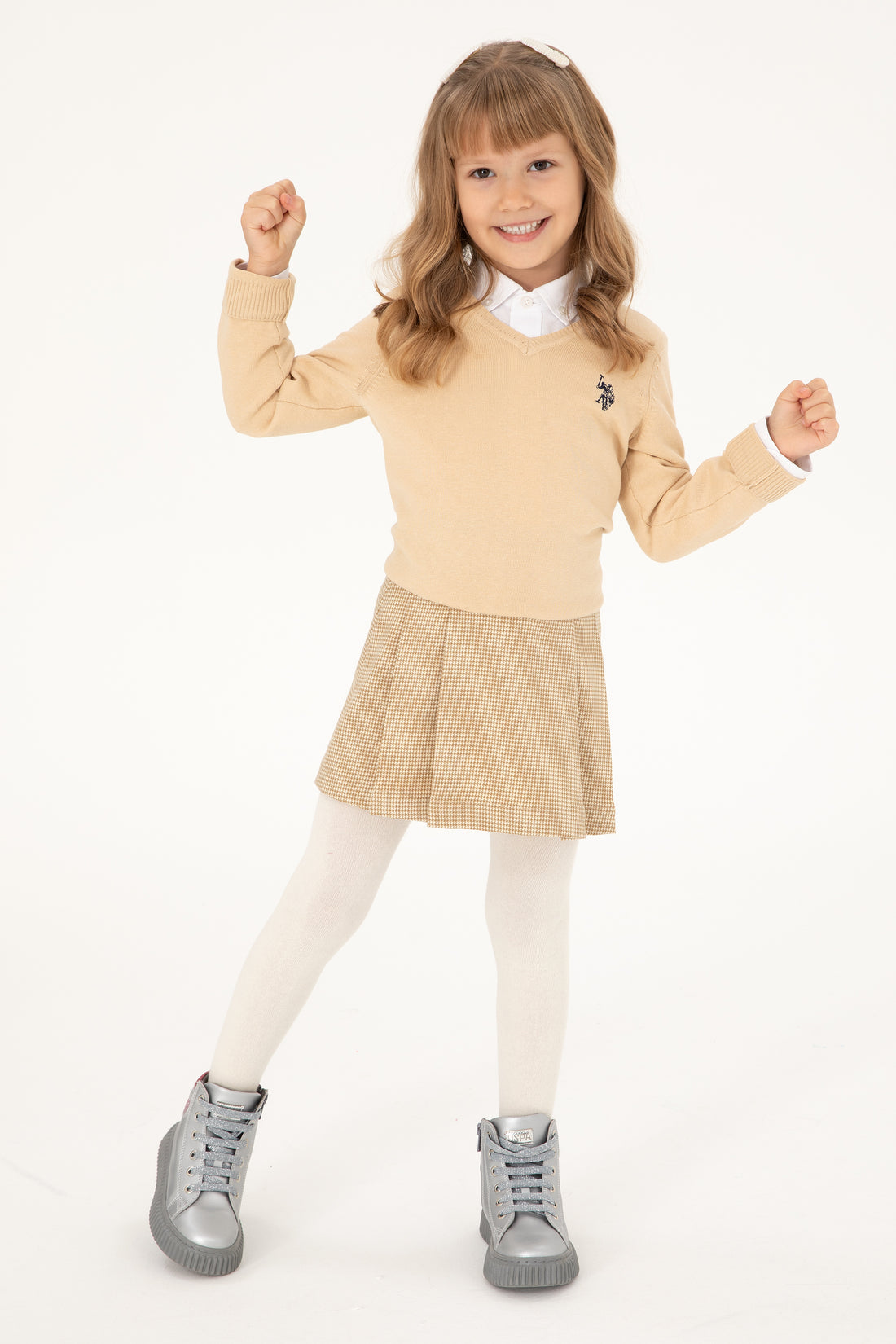 Girls' Sand V Neck Basic Sweater