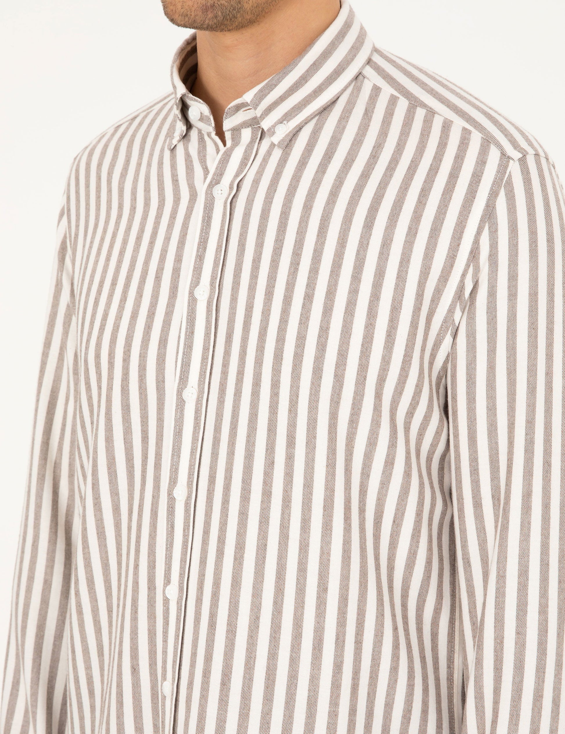 Brown Regular Fit Striped Long Sleeve Shirt