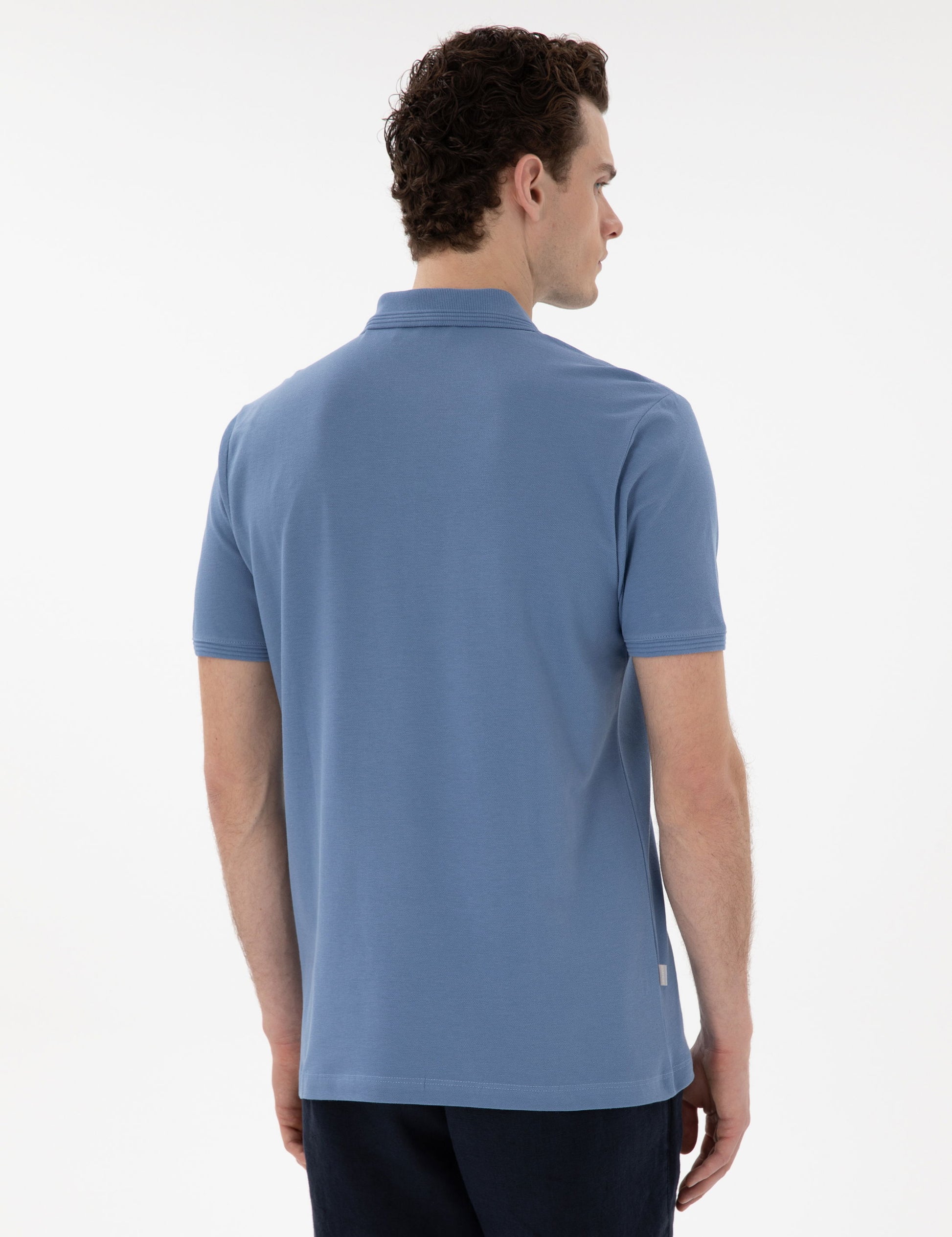 Blue Regular Fit Crewless Polo Neck Basic T-Shirt