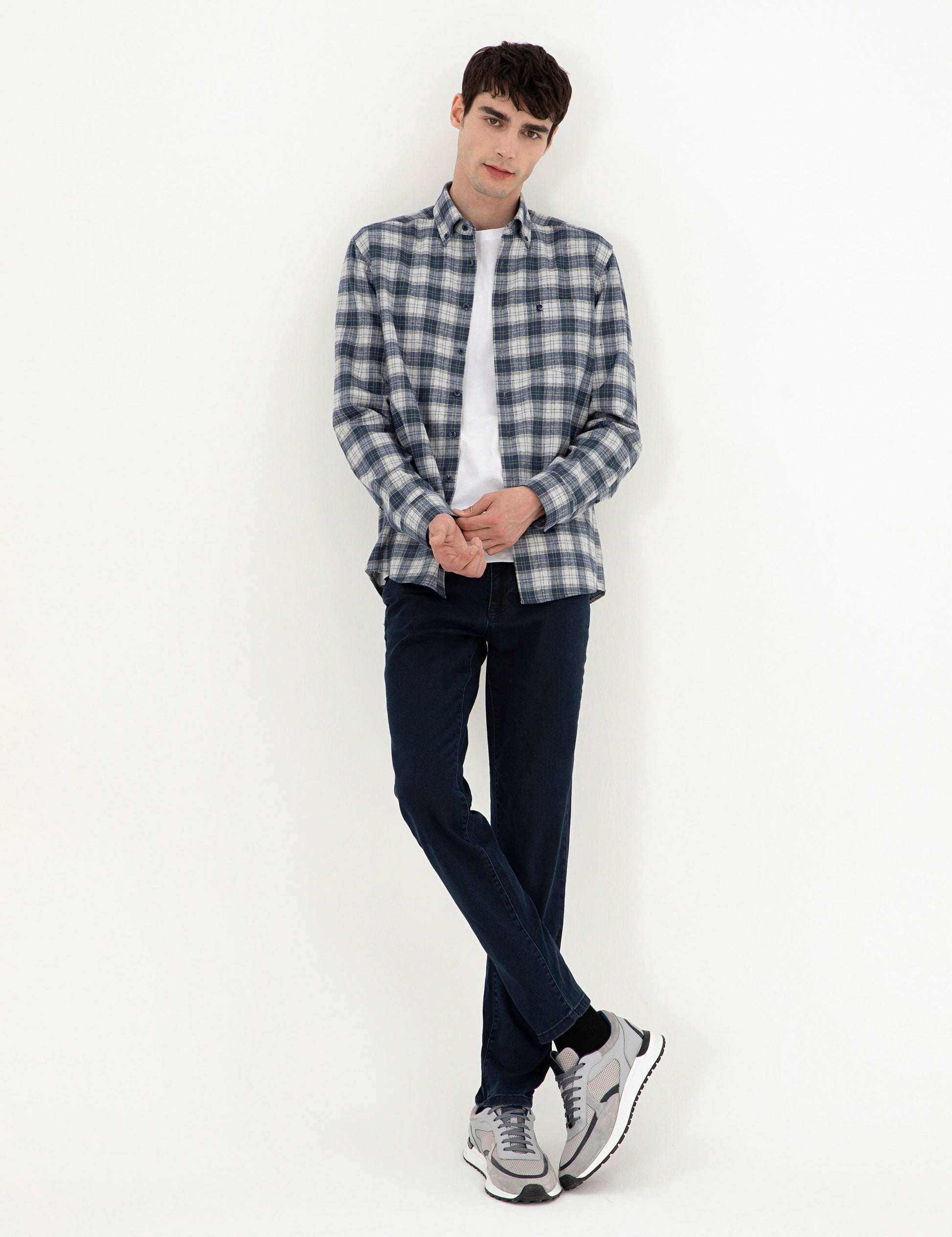 Navy Blue Plaid Regular Fit Long Sleeve Shirt