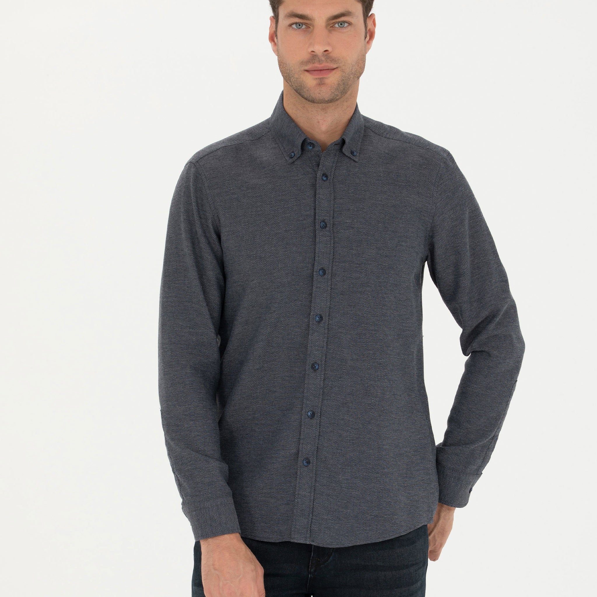 Navy Blue Slim Fit Long Sleeve Shirt